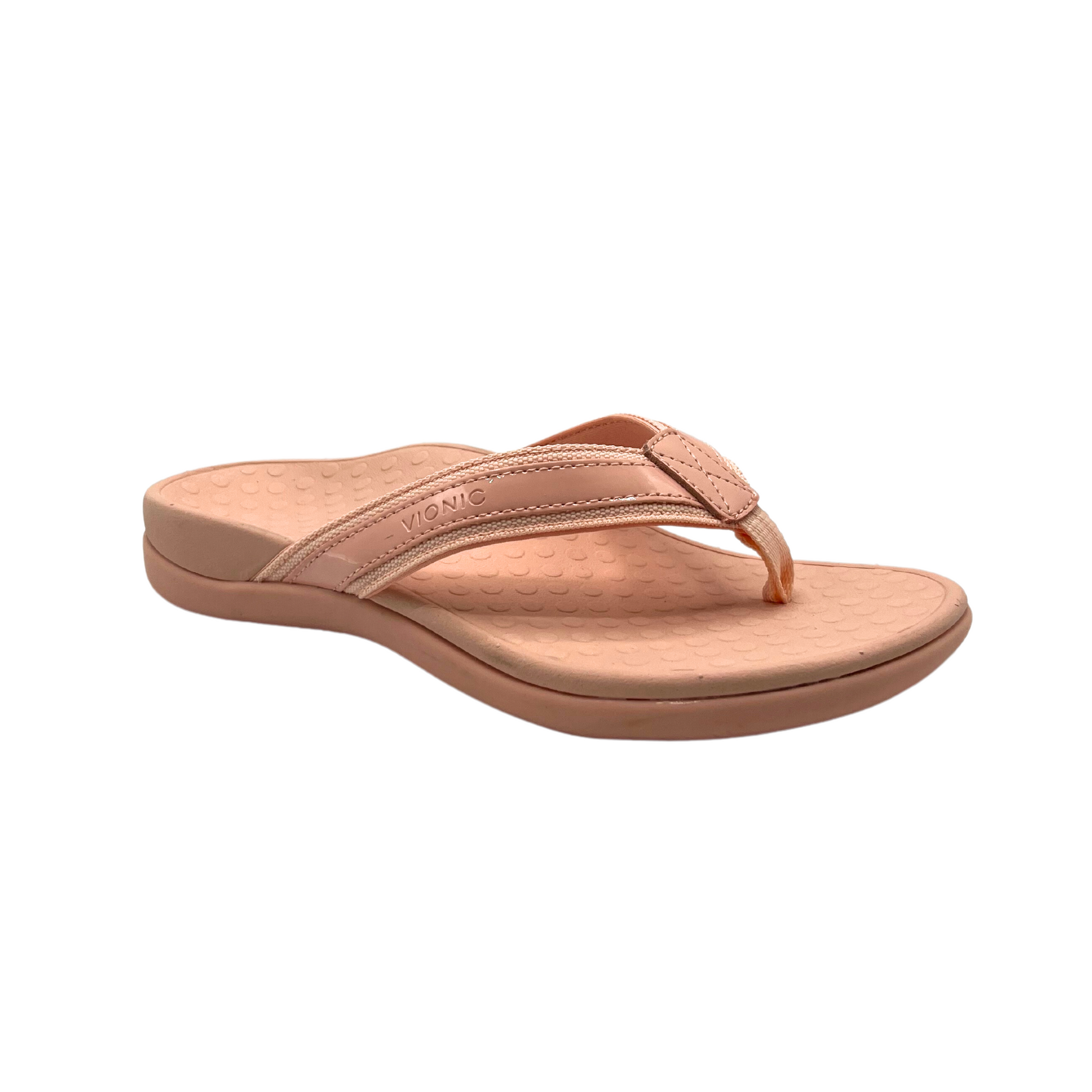 Angled front view of a flip flop sandal in a roze color.  