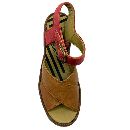 Top down view of Fly London Have two tone sandal.  Front straps ar a tan color and ankle/heel strap is done in red