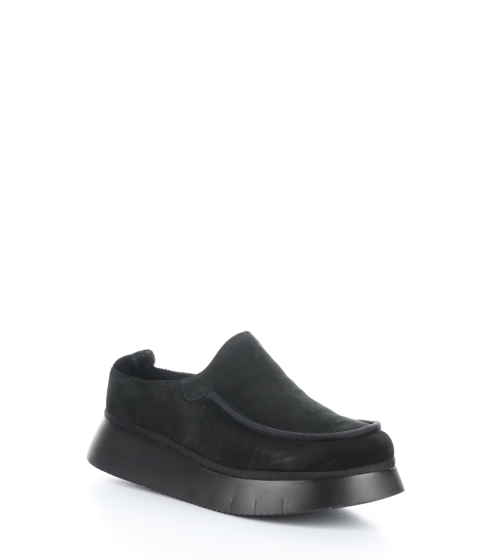 Right Angle profile view of a black suede slip on Shoe.
