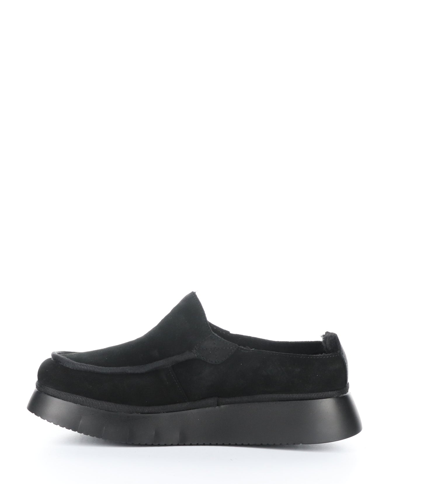 The left profile view of a black suede slip on shoe