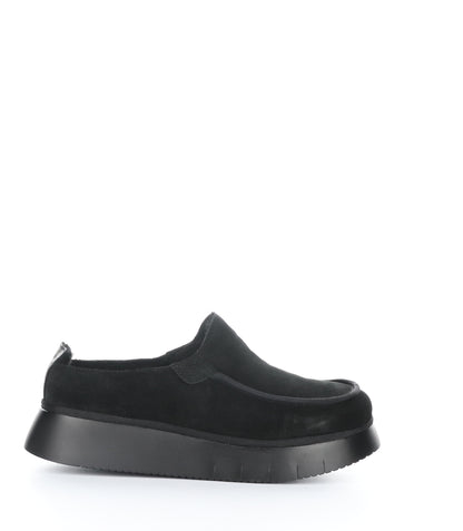 The right profile view of a black suede slip on shoe