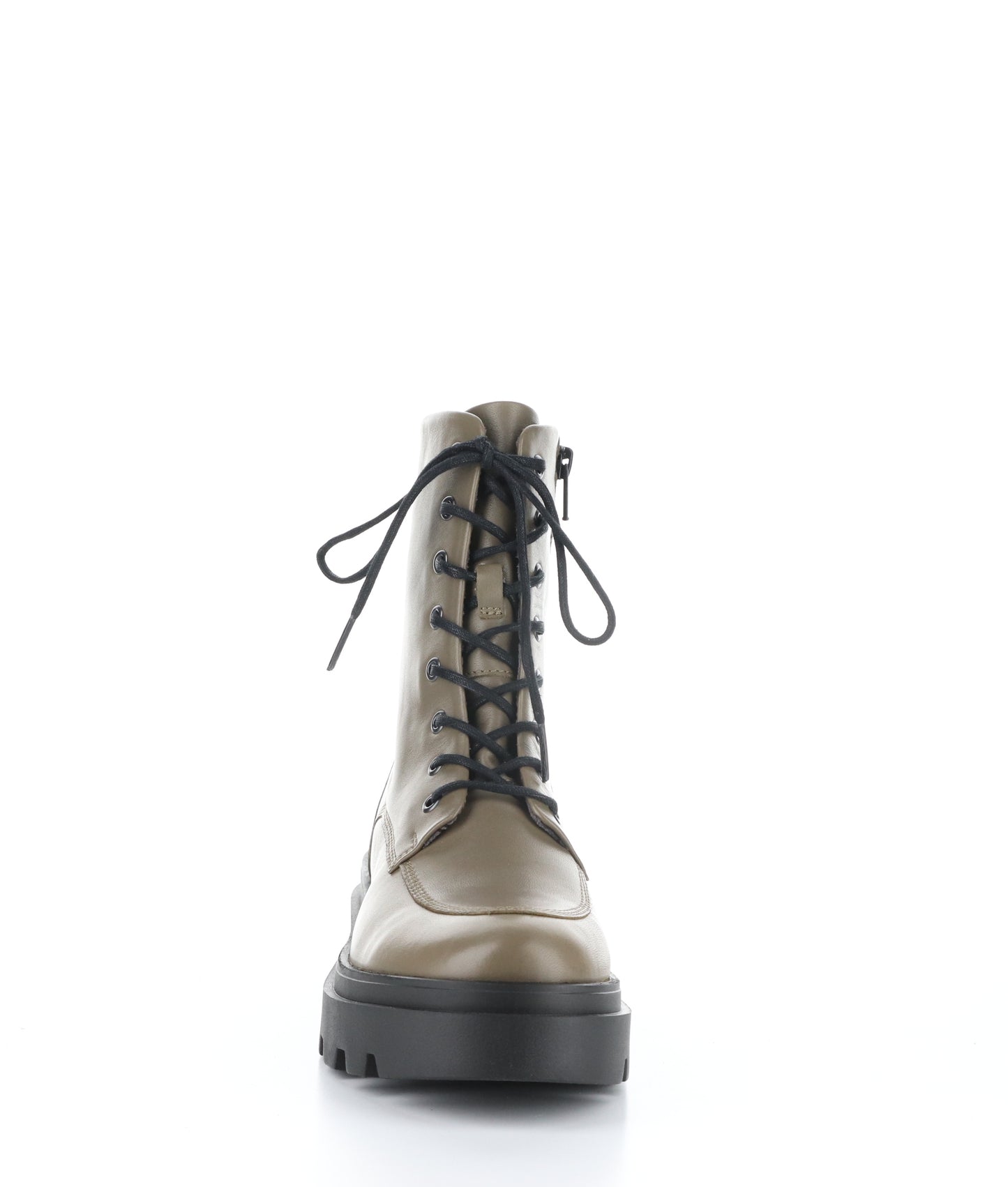 The front view of a taupe coloured, army style boot with black lace up detail and a lug sole.