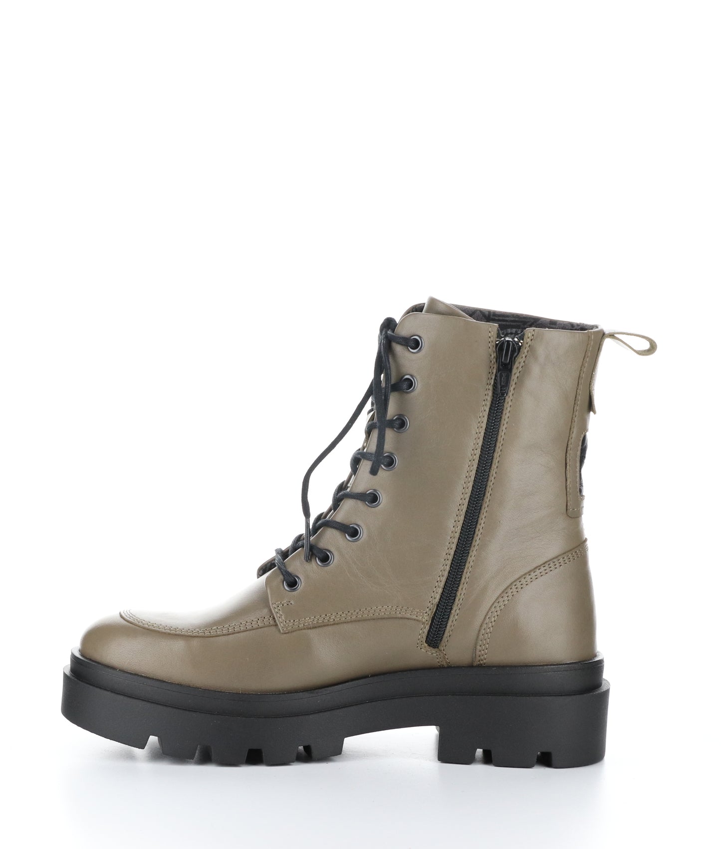 Pictured is the left profile view of a taupe coloured, army style boot. This view shows the zippered entry as well as the lace up detail and lug sole.