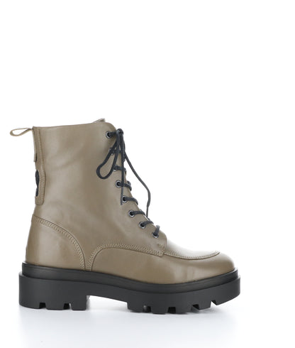 The right profile of an taupe coloured, army style boot is pictured. This view shows the side view of the front lace up detail and lug sole.