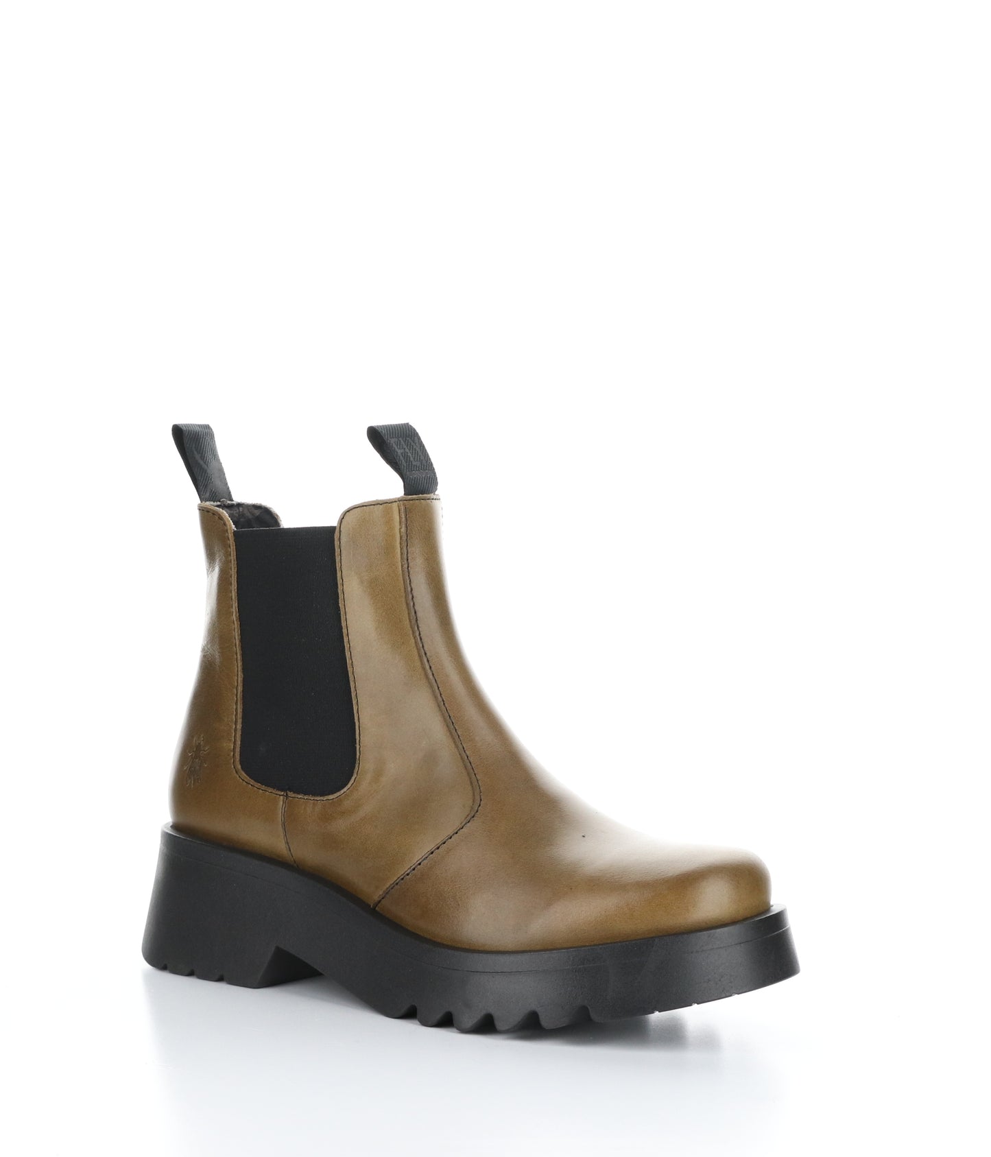 The right angled profile of a brown Chelsea boot with black elastic side panel and black rubber lug sole.