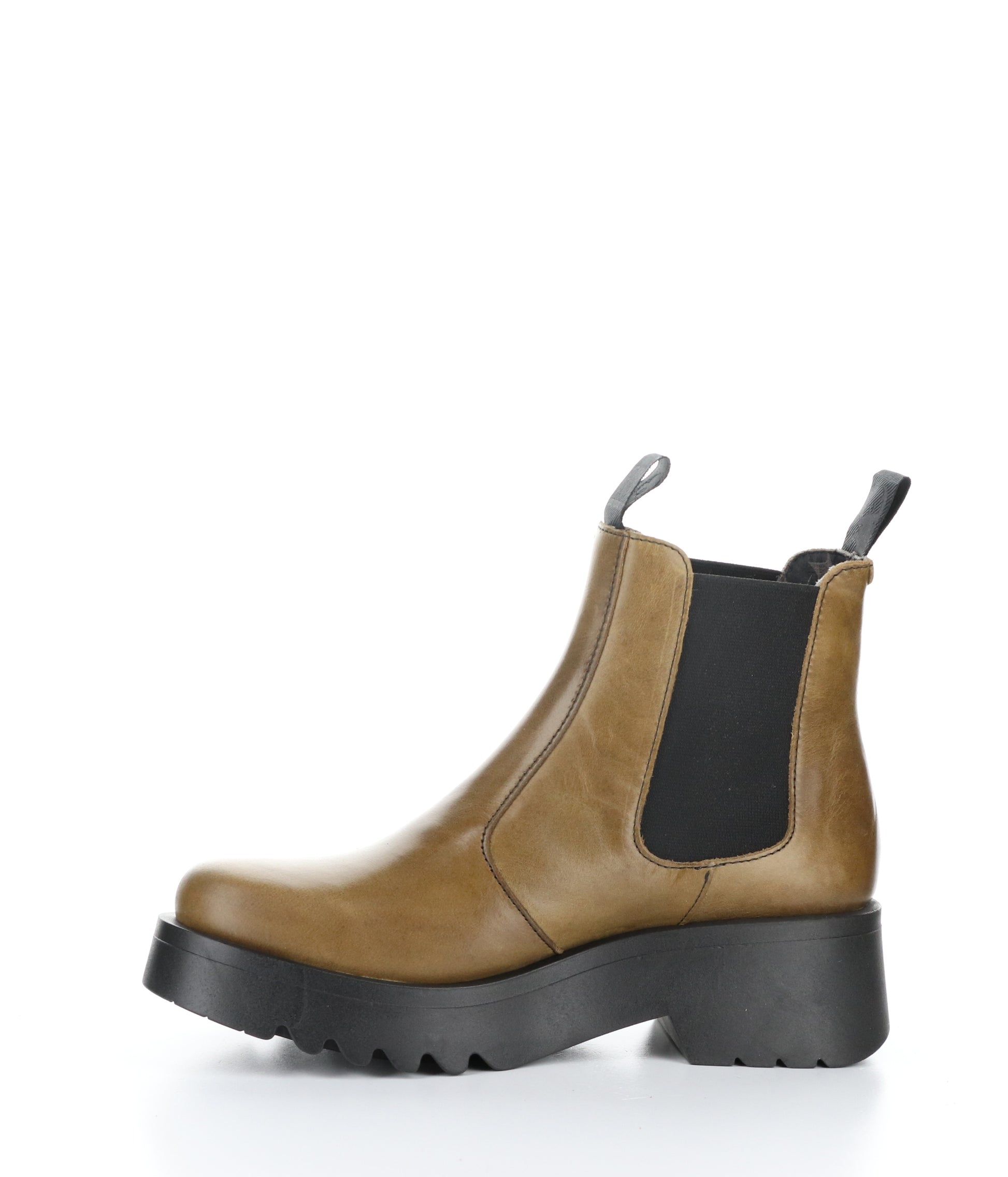 The left profile view of a brown Chelsea boot, with black elastic panel and a black, rubber, lug sole.