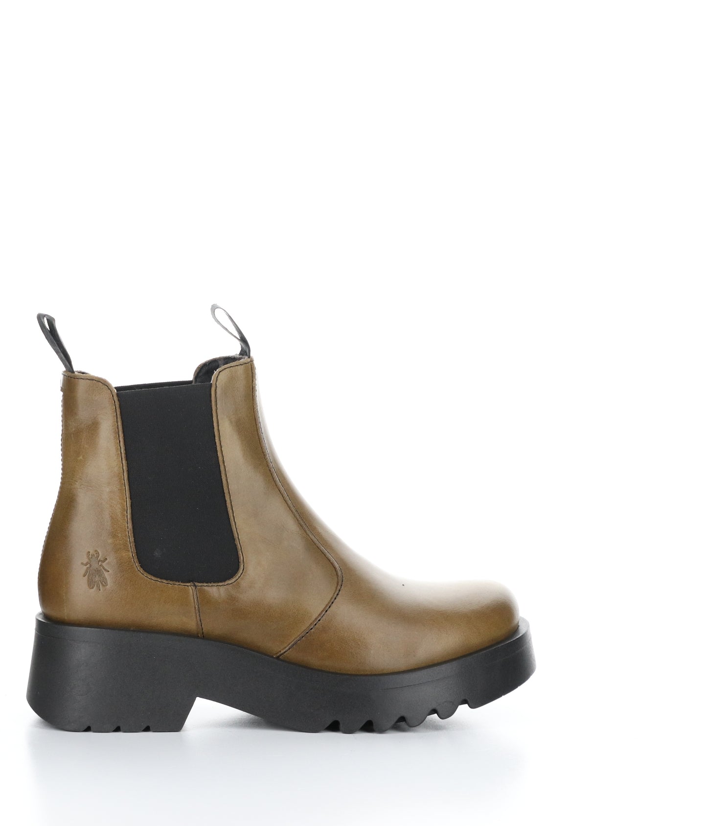 Right profile view of a brown Chelsea boot with black elastic side panel and a black, rubber lug sole.