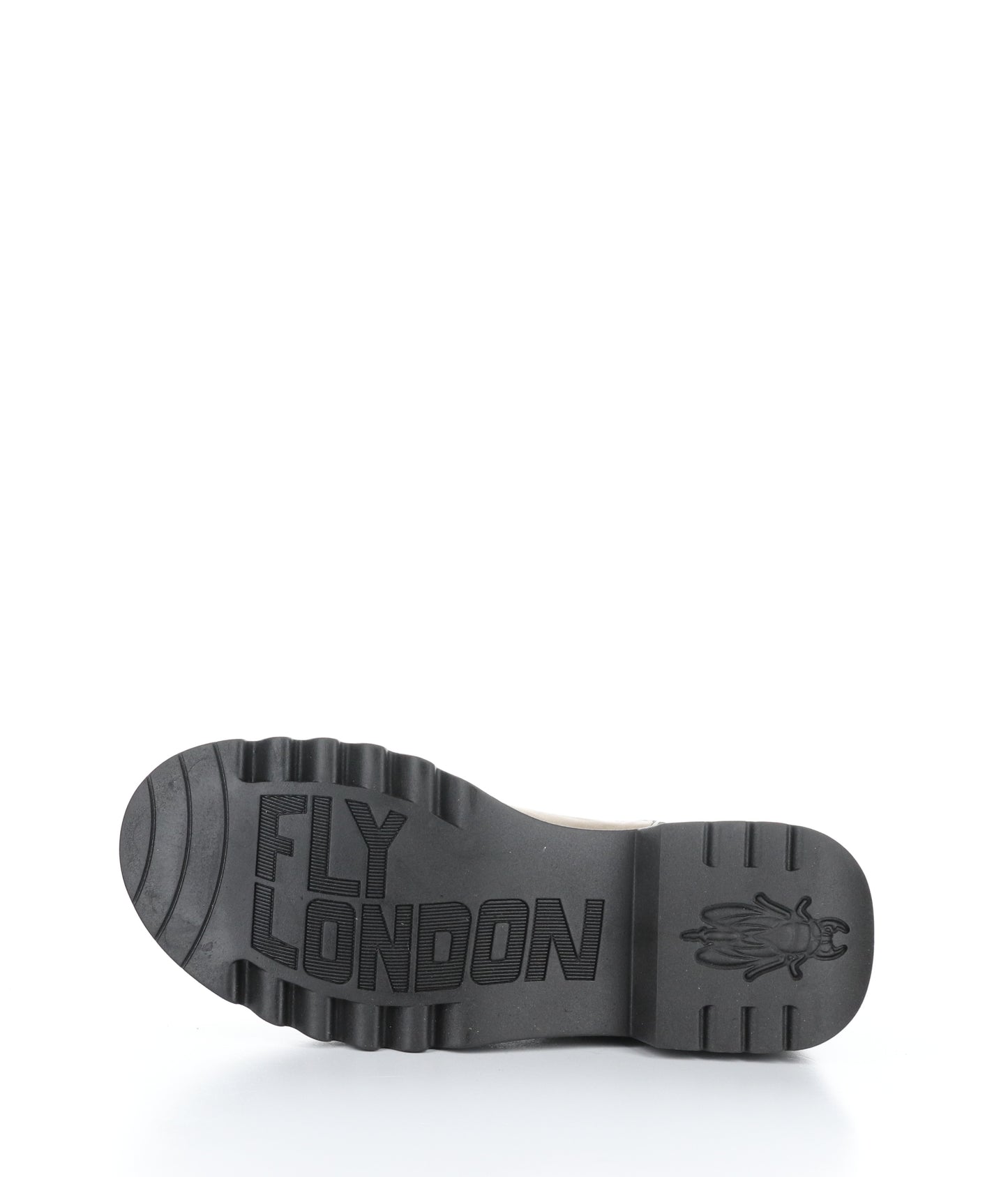 The black rubber sole of a boot with medium tread and the brand name Fly London imprinted on the boot. There is also the Fly logo image imprinted on the heel.