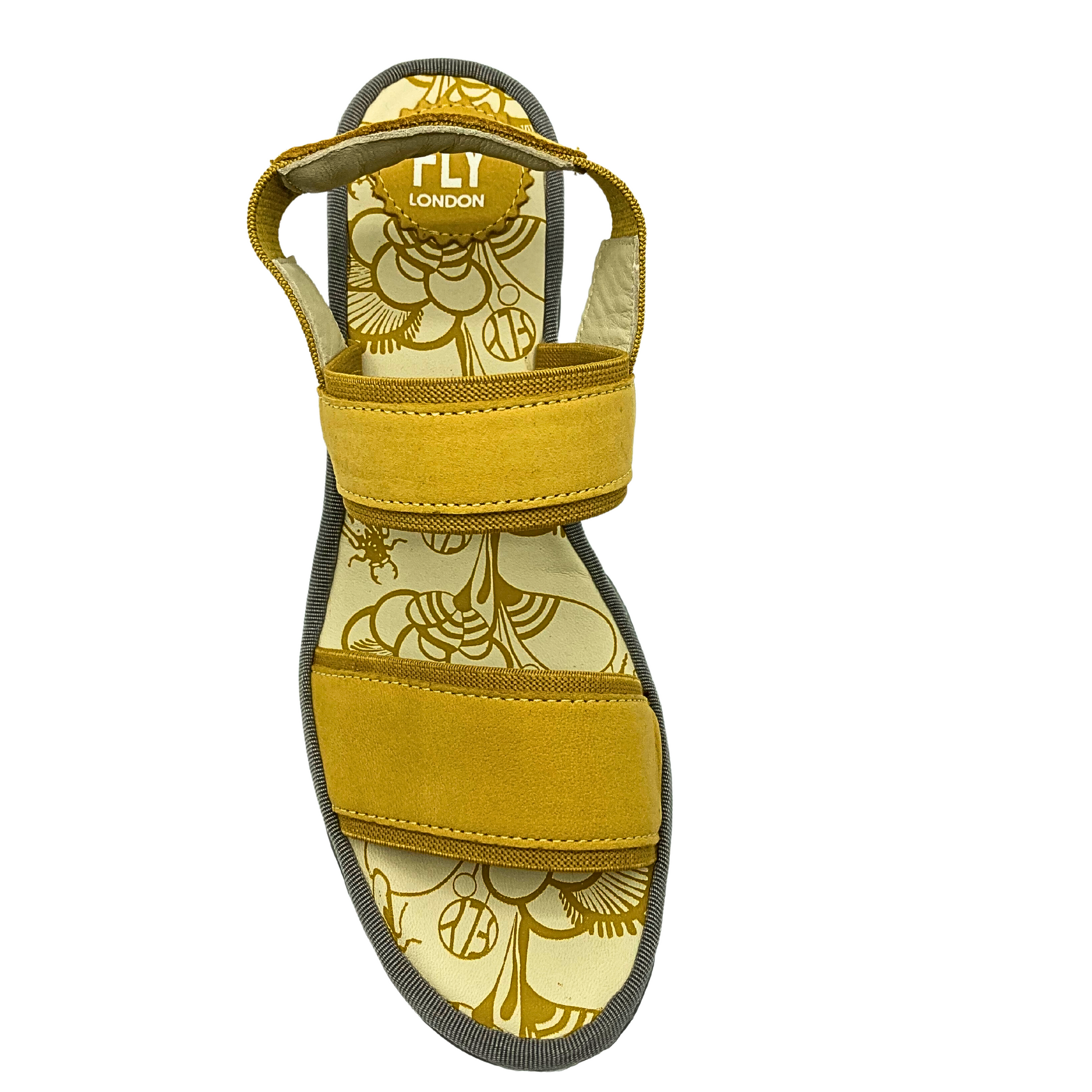 Top down view of a wedge sandal in a yellow color.  Leather with elastic trim for more comfort