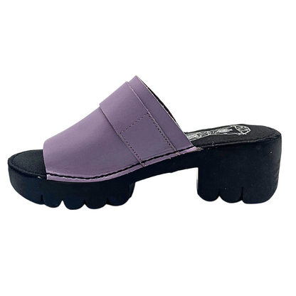 Inside view of mule sandal.  Lilac leather and black, chunky sole