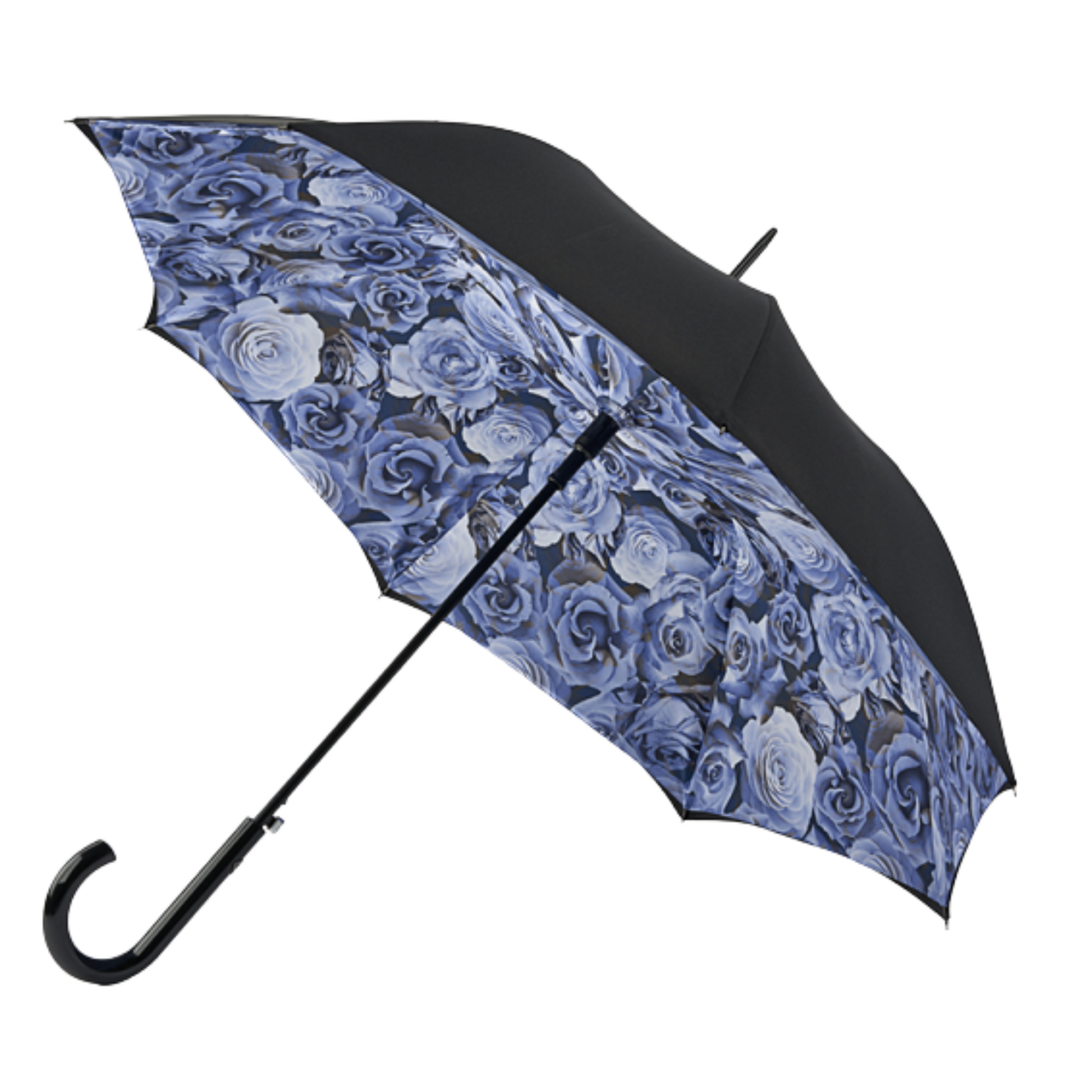 A photo of the Fulton Bloomsbury2 in the colour Liquid Rose. Showing the handle and the view of the umbrella when it is open.