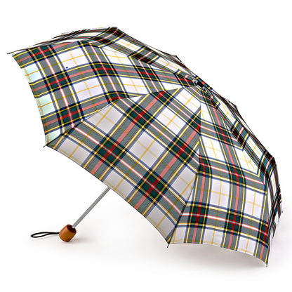 This is a photo of the Fulton Stowaway in White Stewart Tartan showing the whole umbrella and the wodden handle.