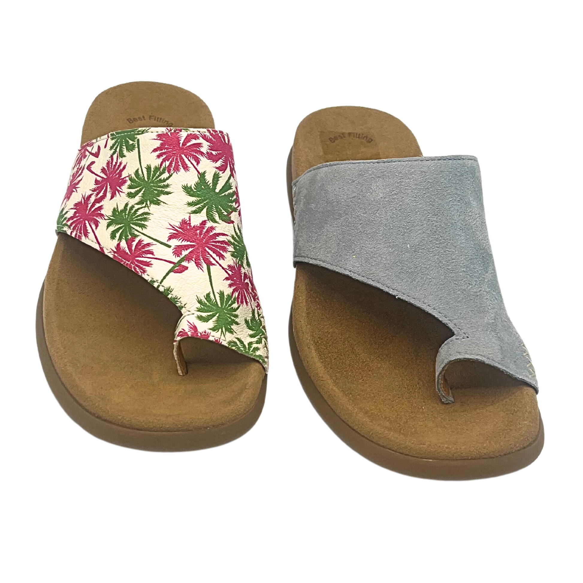 Top down view of Gabor Hamburg sandal in 2 colors - green/pink palms and light blue.