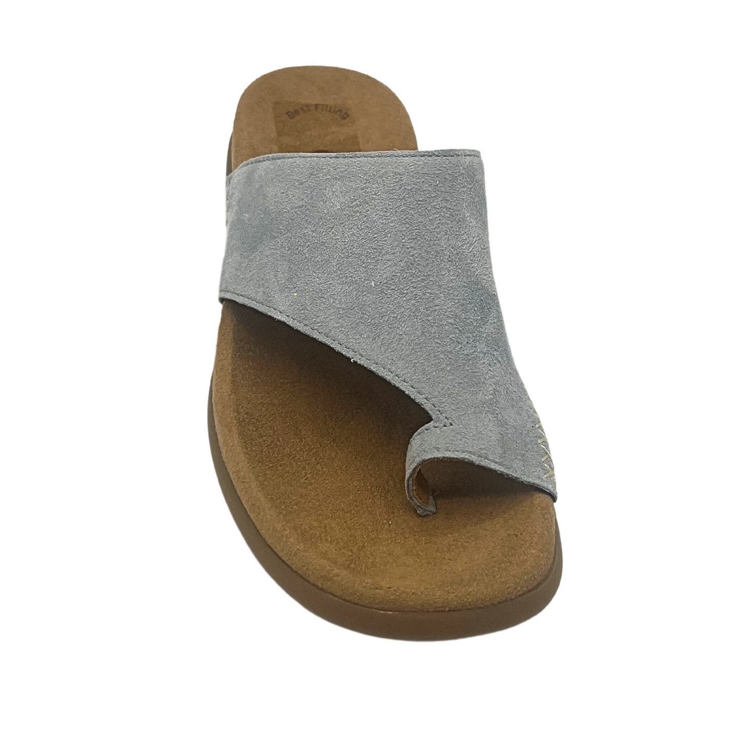 Slip on sandal by Gabor called Hamburg.  Top down shot shows grey/blue color against tan footbed.  Toe loop construction with good coverage around rest of foot.