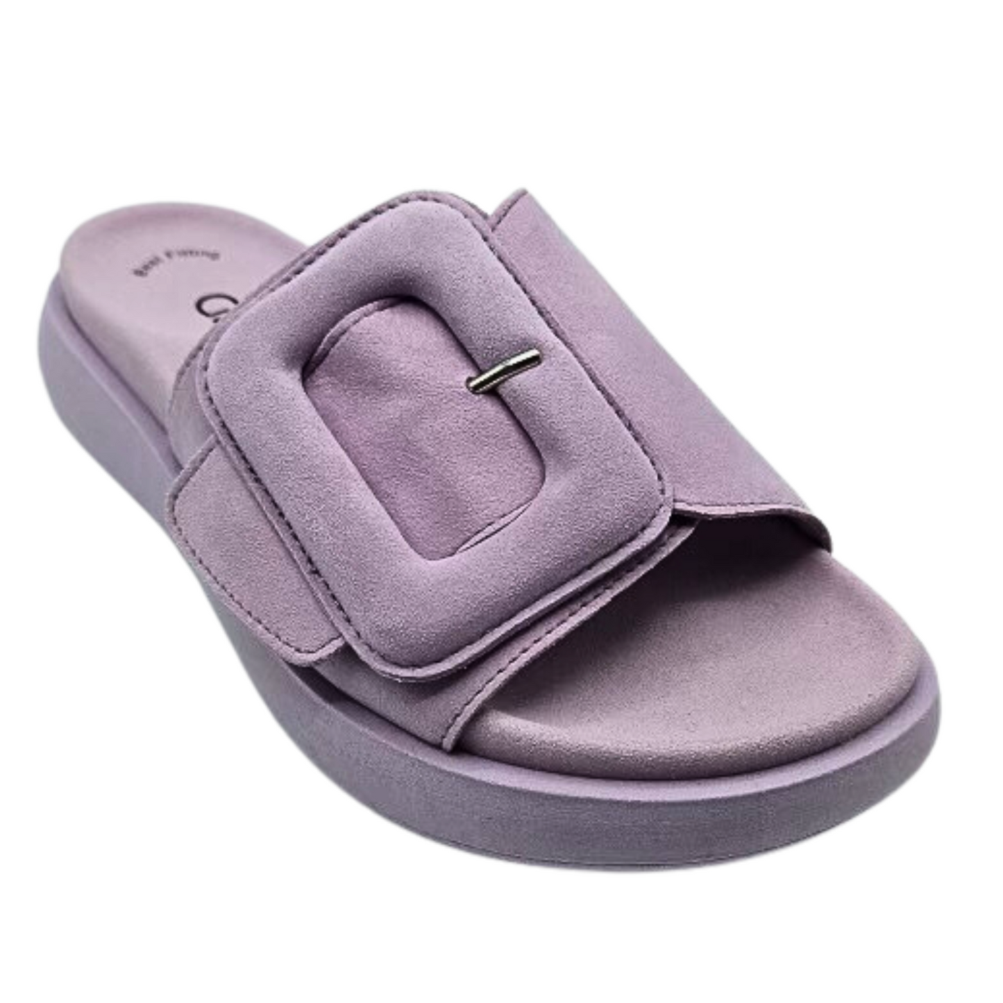 Angled side view of gorgeous slide by Gabor.  Lilac nubuk upper with large buckle detail done in the same material