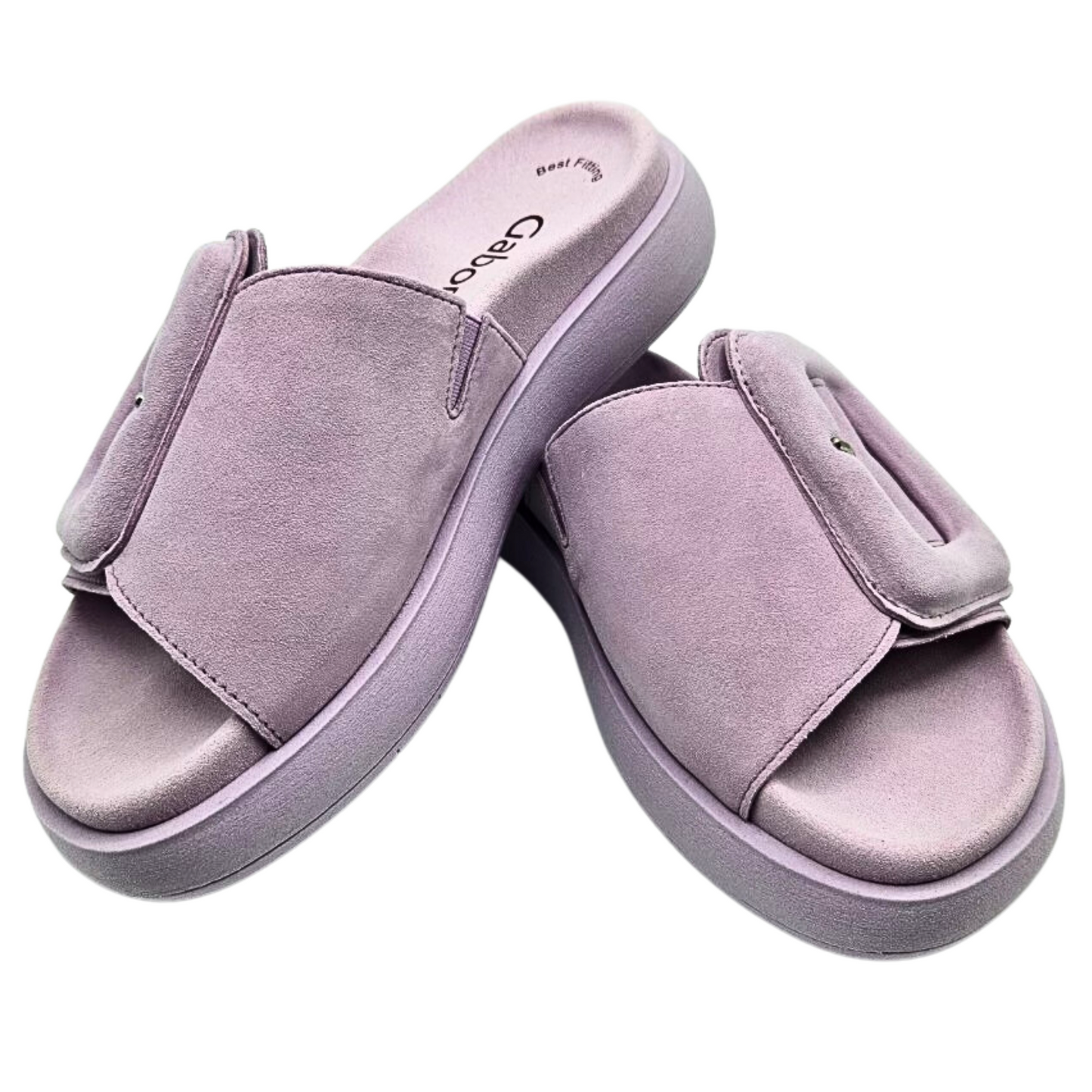 Top down photo of Gabor Hanover slides in a soft lilac suede