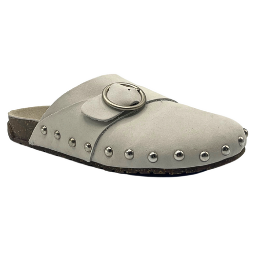 Angled front view of a closed toe slip on sandal.  Open back with stud detail around sole