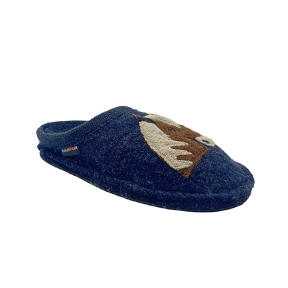 Outside angled view of a boiled wool slipper in a dark blue with a horse head pictured on it.  Slip on style