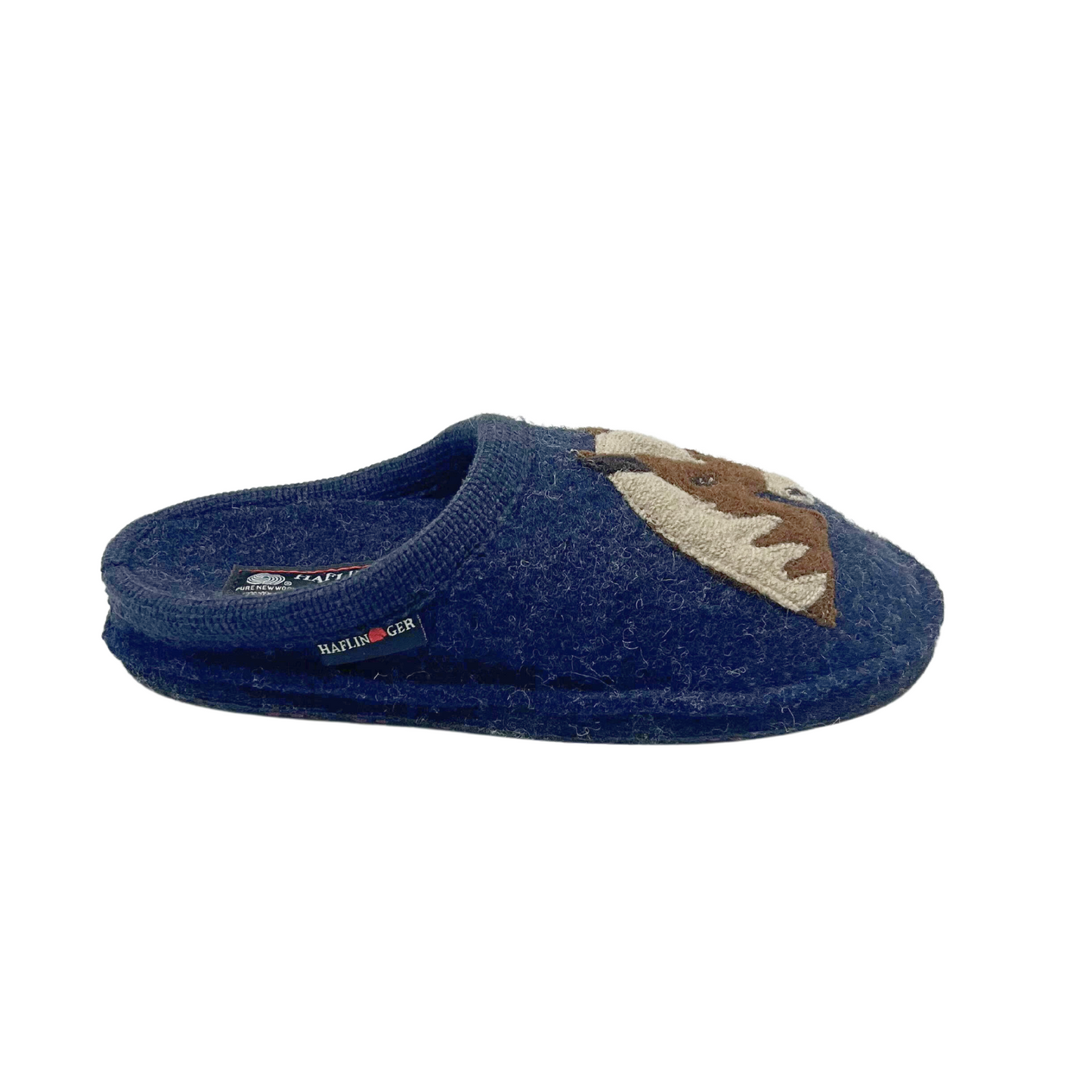 Outside view of a boiled wool slipper with a horse depicted on the front.  Arch support inside