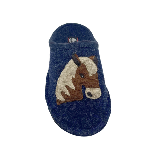 Top down view of a boiled wool slipper in a dark blue with a horse pictured on it