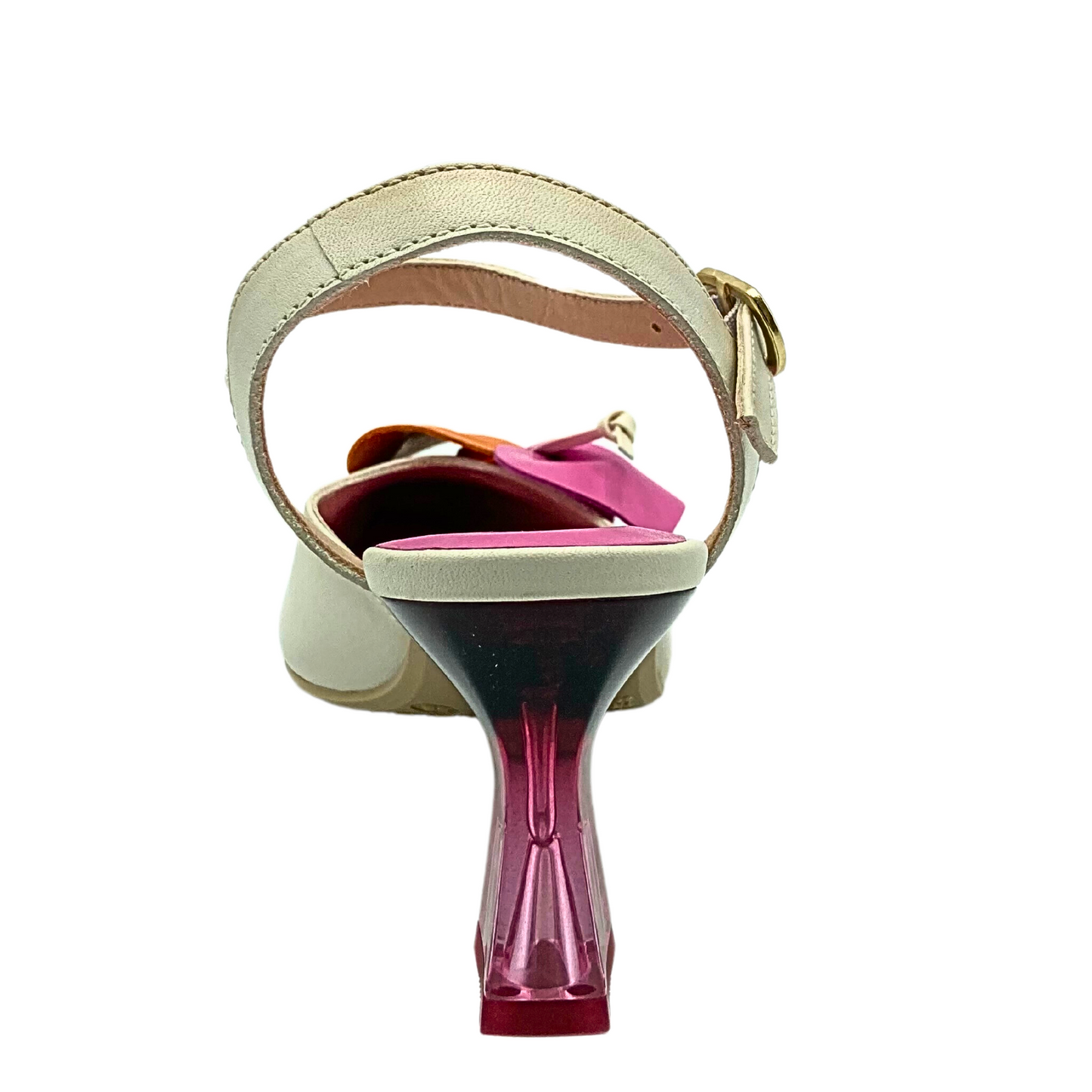 Rear view of dressy sandal with fun lucite heel