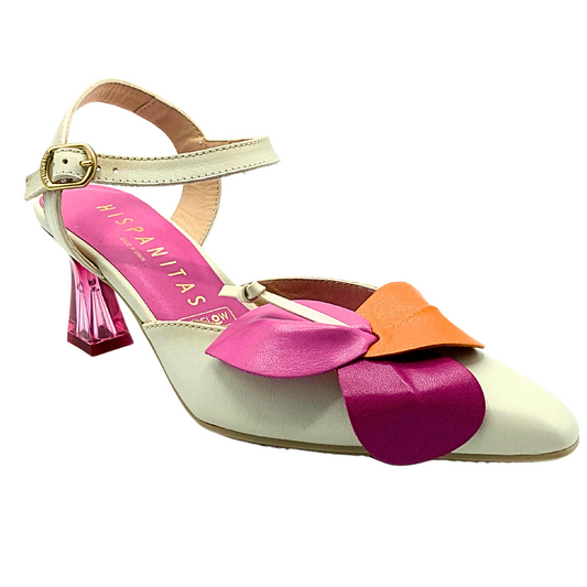 Angled front view of the Hispanitas Dalia sandal.  Unique closed toe sandal in a cream color with leather floral detail on toe in pink and orange