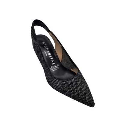 Angled side view of a slingback pump in black.  Features textured leather upper and  black elastic around heel strap