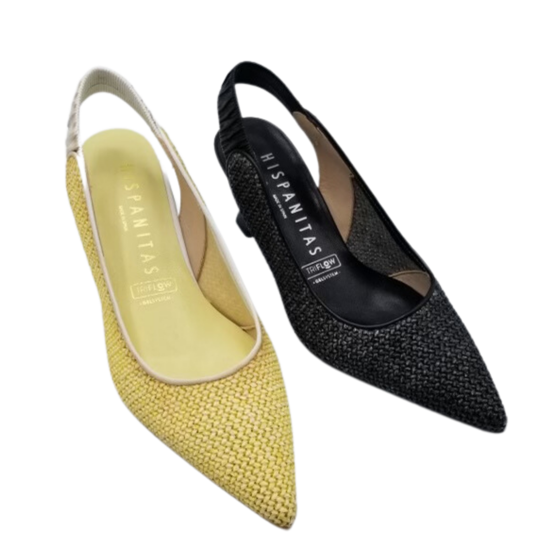 Angled front view of a pointed toe slingback pump in a textured leather.  Shown in a creamy yellow and black