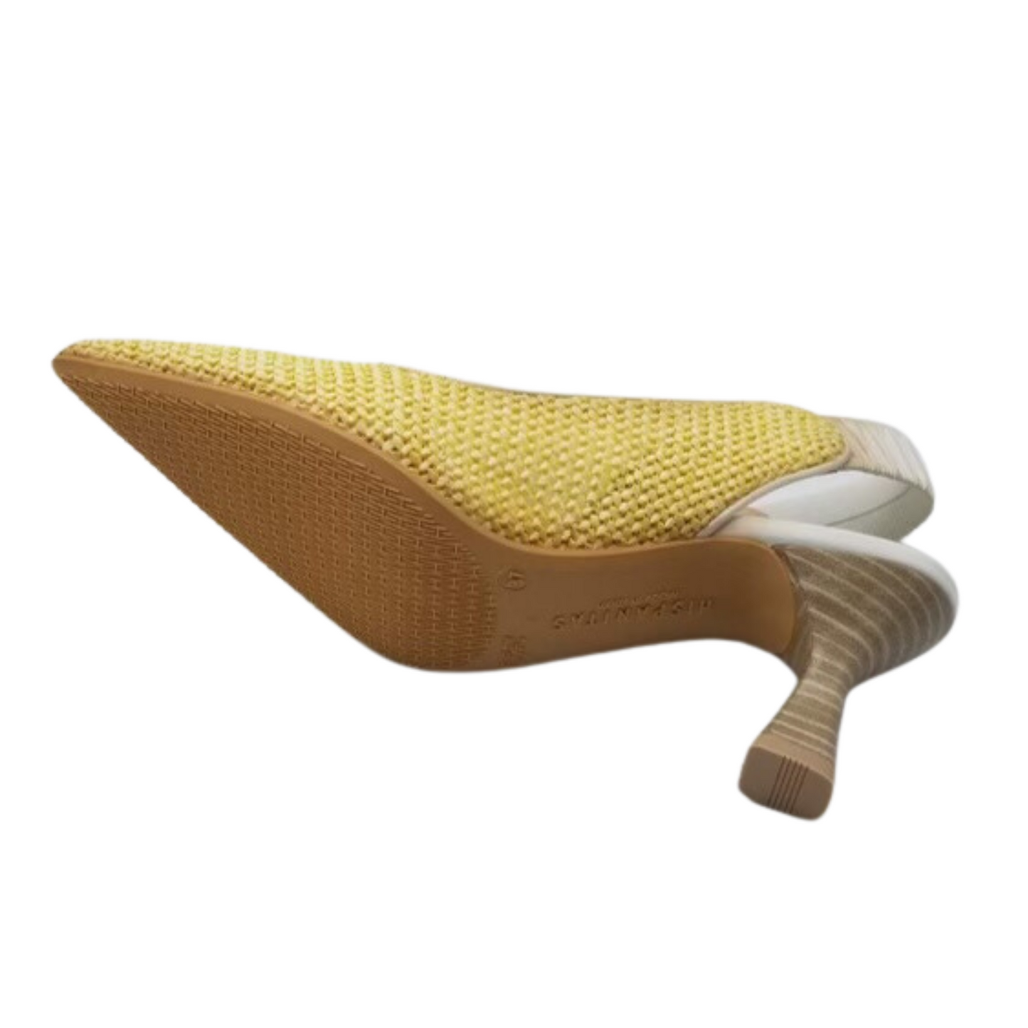 Angled shot of the sole and inside of a slingback sandal.  Upper is a textured leather in yellow and hourglass heel is a stacked wood.