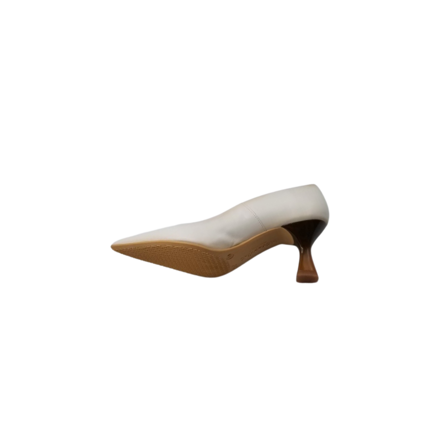 Interior view of right shoe and sole.  Very simple, classic pump.  The wow factor is inthe heel.  Hourglass shape and a darker shade then the upper which makes it stand out.