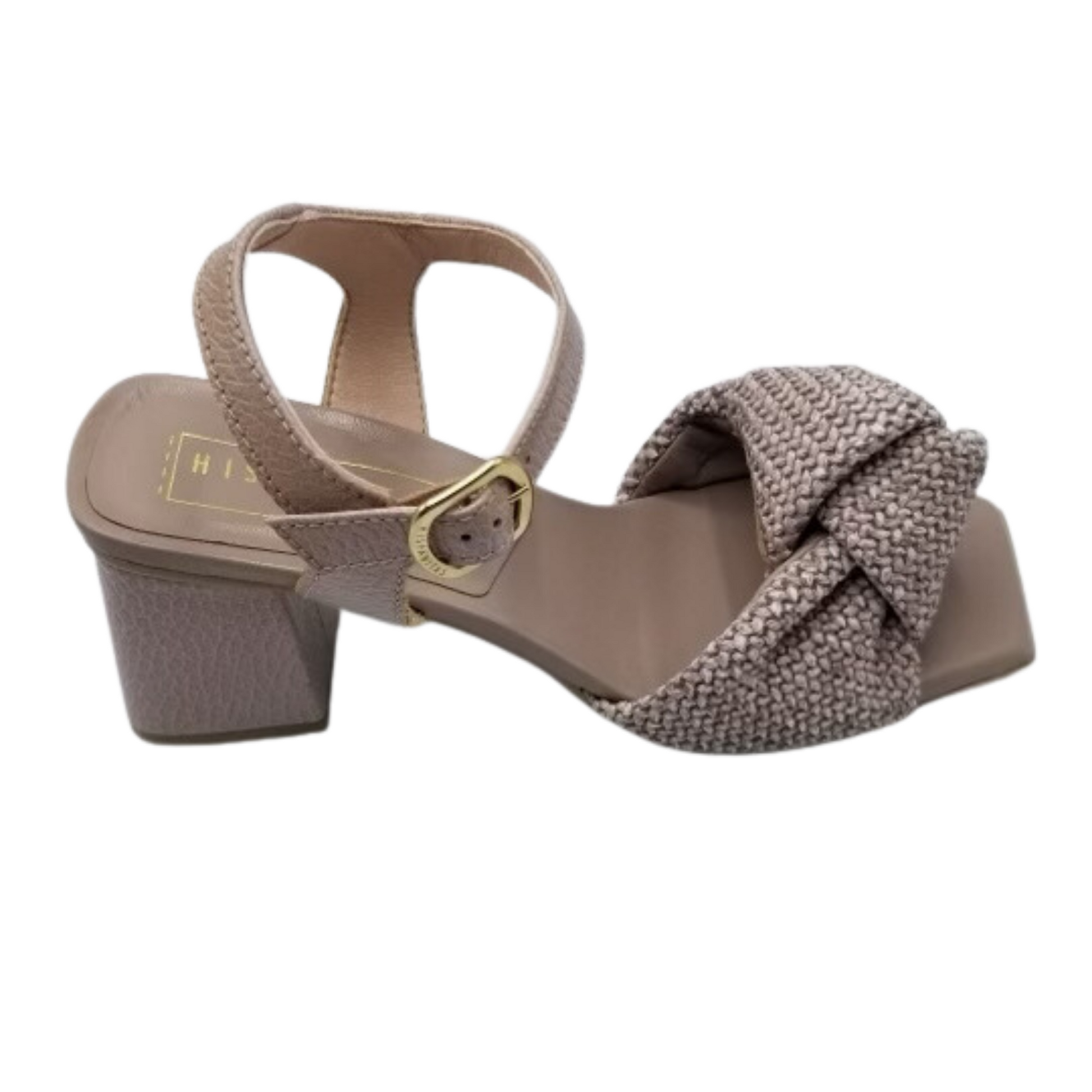 Outside view of right shoe.  Taupe leather with heavy knotted detail at forefoot.  Heel and ankle strap.  Adjustable buckle