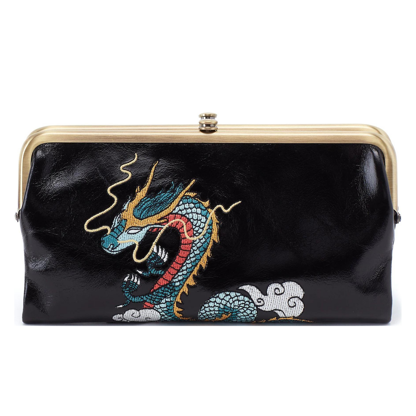 A black leather wallet with a dagon design.