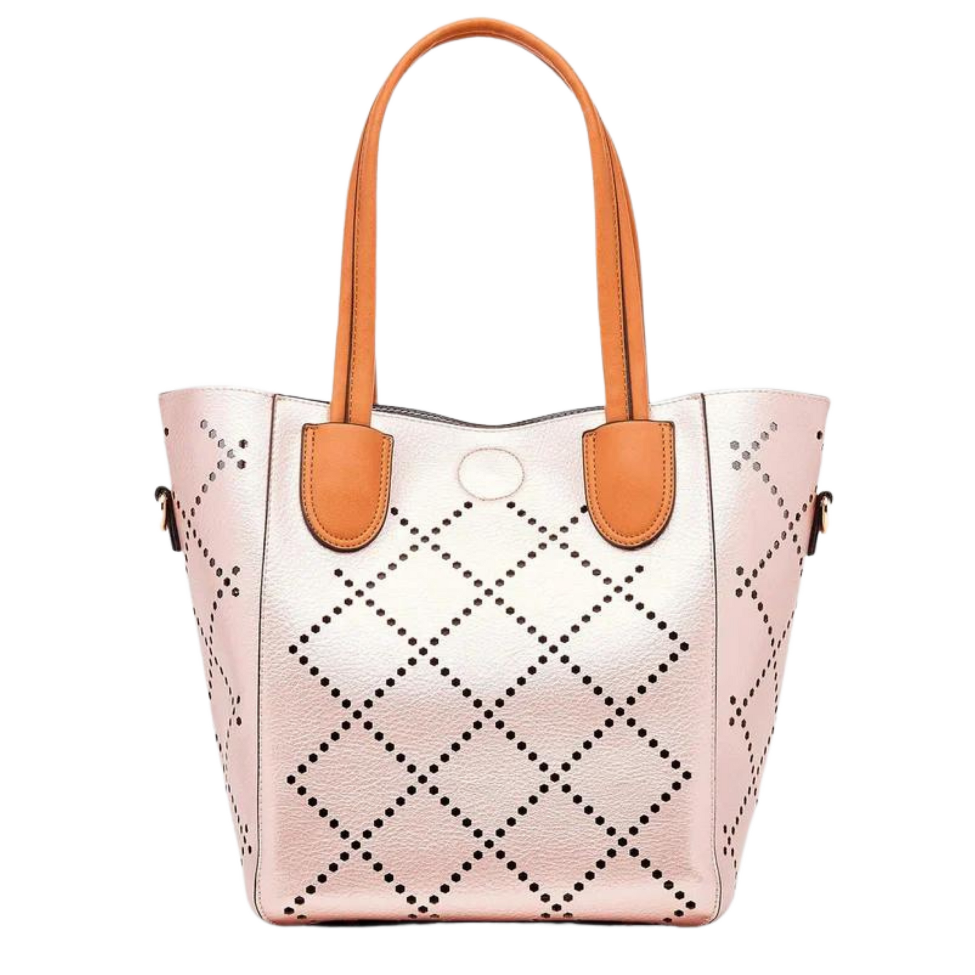 A front view of the Chanpagne Pink bag showing the leather straps and the unique detailing.