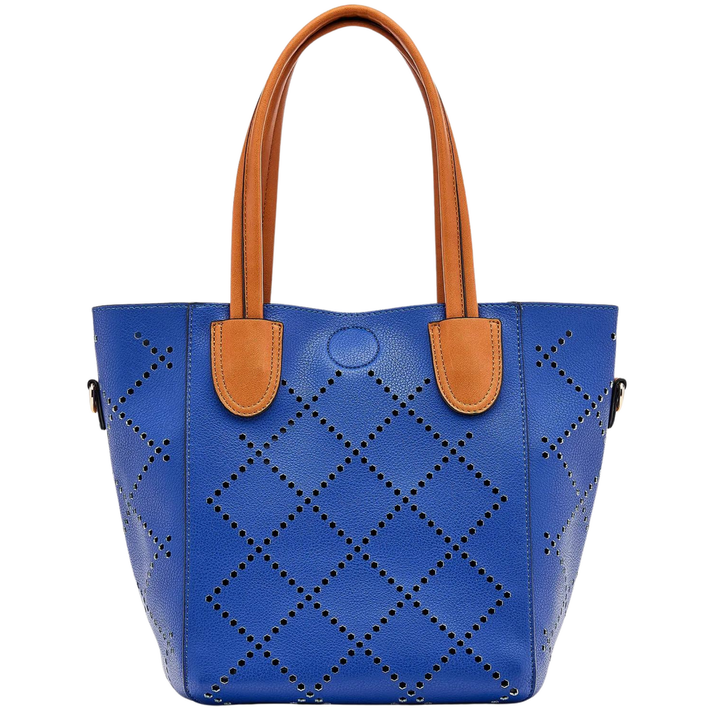A front view of the ocean blue bag showing the light brown leather staps and the unique detailing.