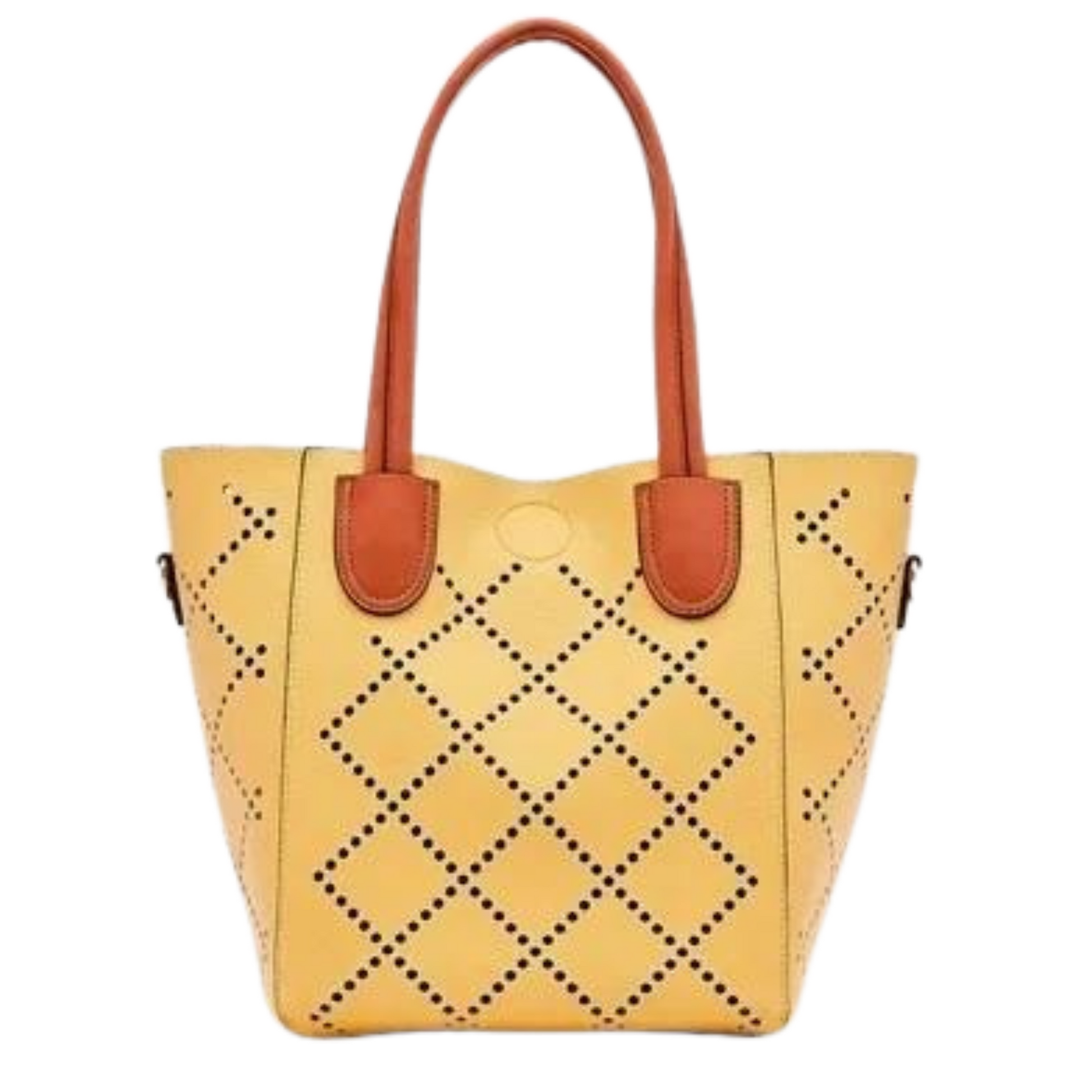 A front view of the Yellow bag showing the unique crisscross design and the leather straps.