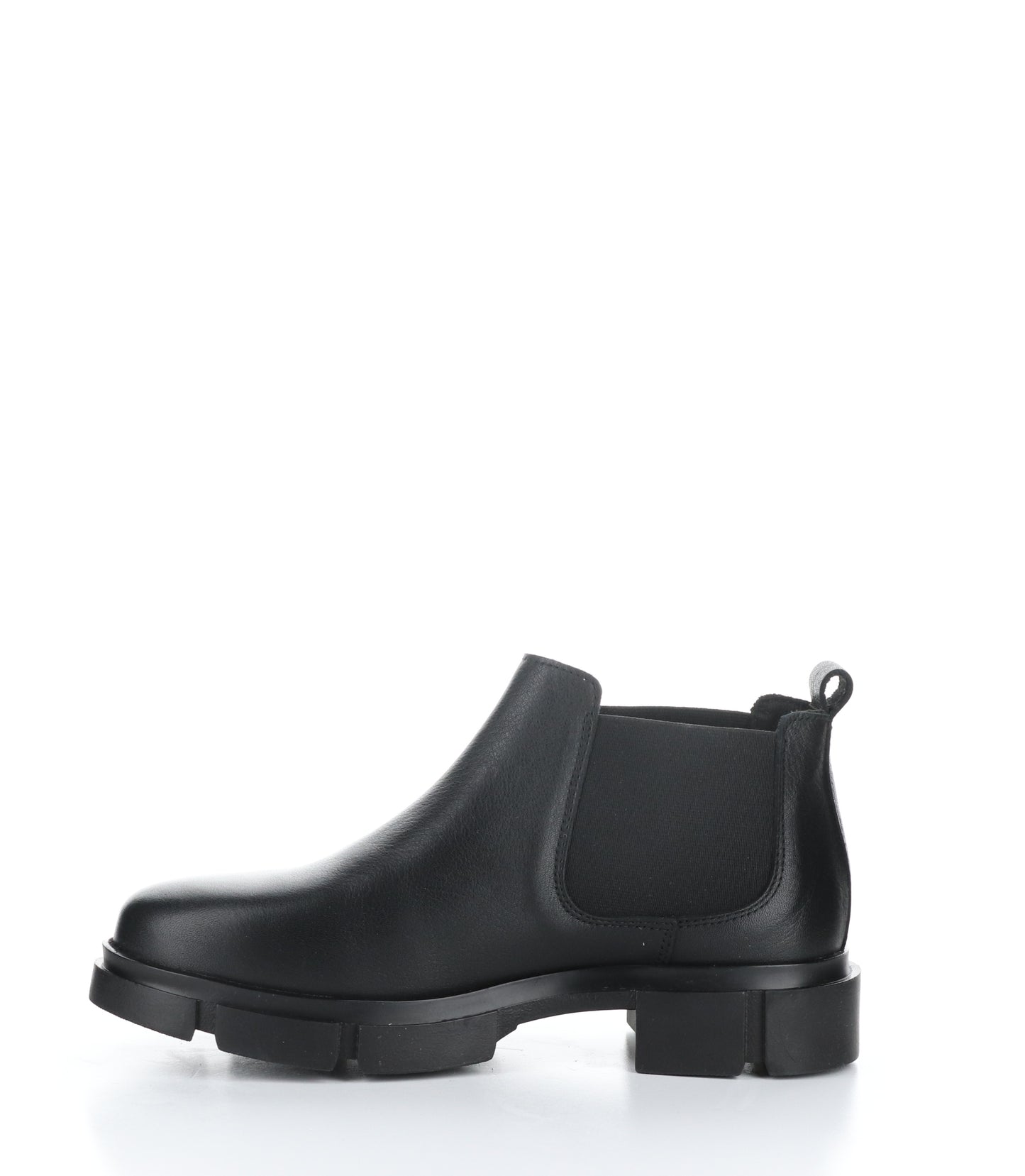 The left profile of a short black boot is shown. The boot has an elastic side panel and lug sole.