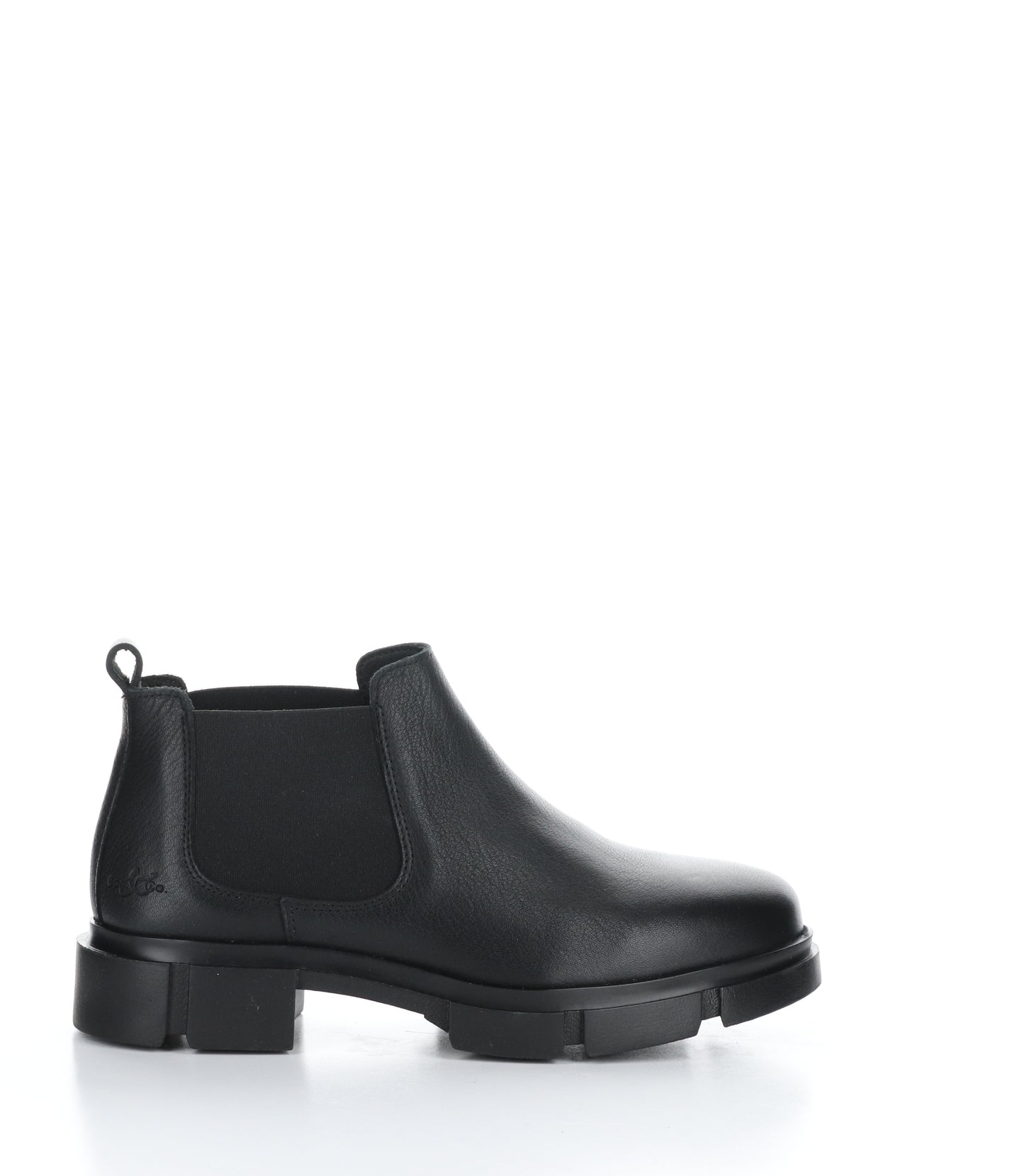 The right profile of a short black boot is shown. The boot has an elastic side panel and lug sole