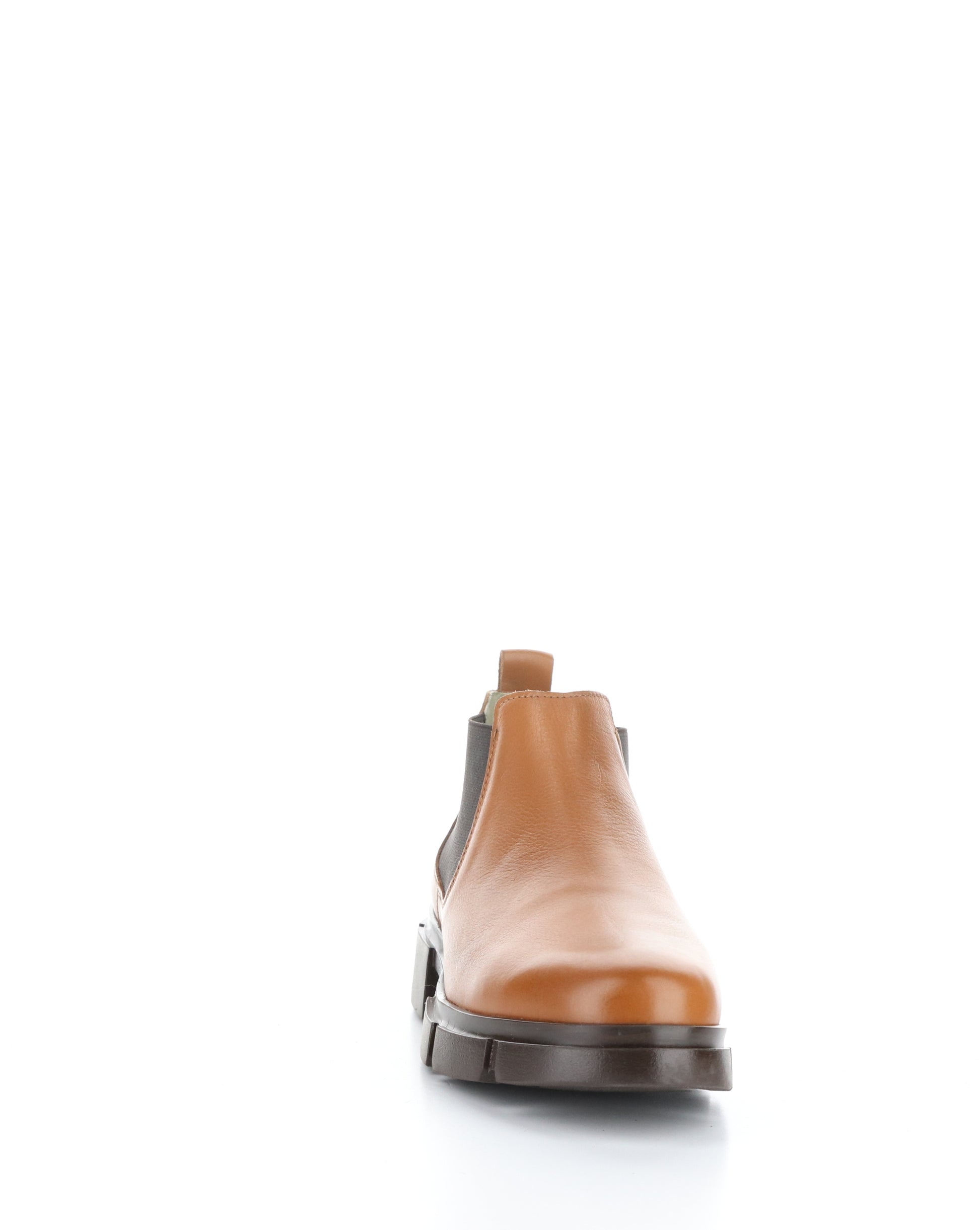 Front view of a short tan boot.