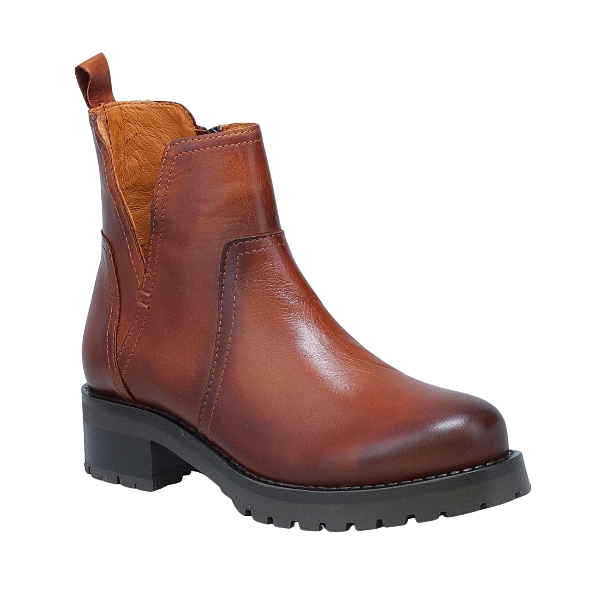 Front angled profile of the Miz Mooz Poolie Boot in the colour Brandy.