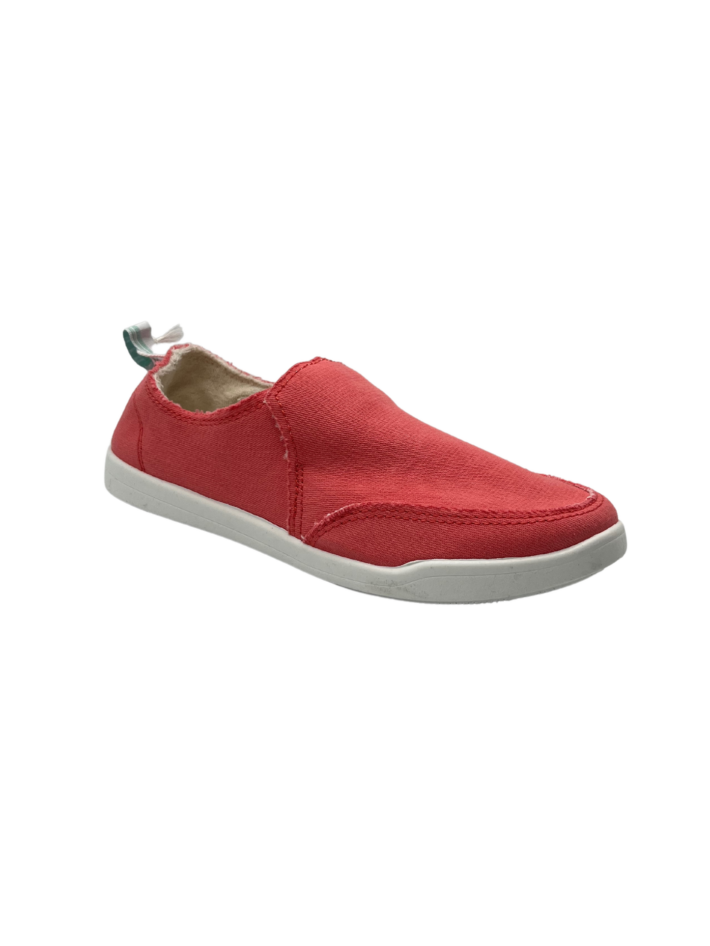 Right profile image of a bright coral coloured sneaker on a white rubber bottom.