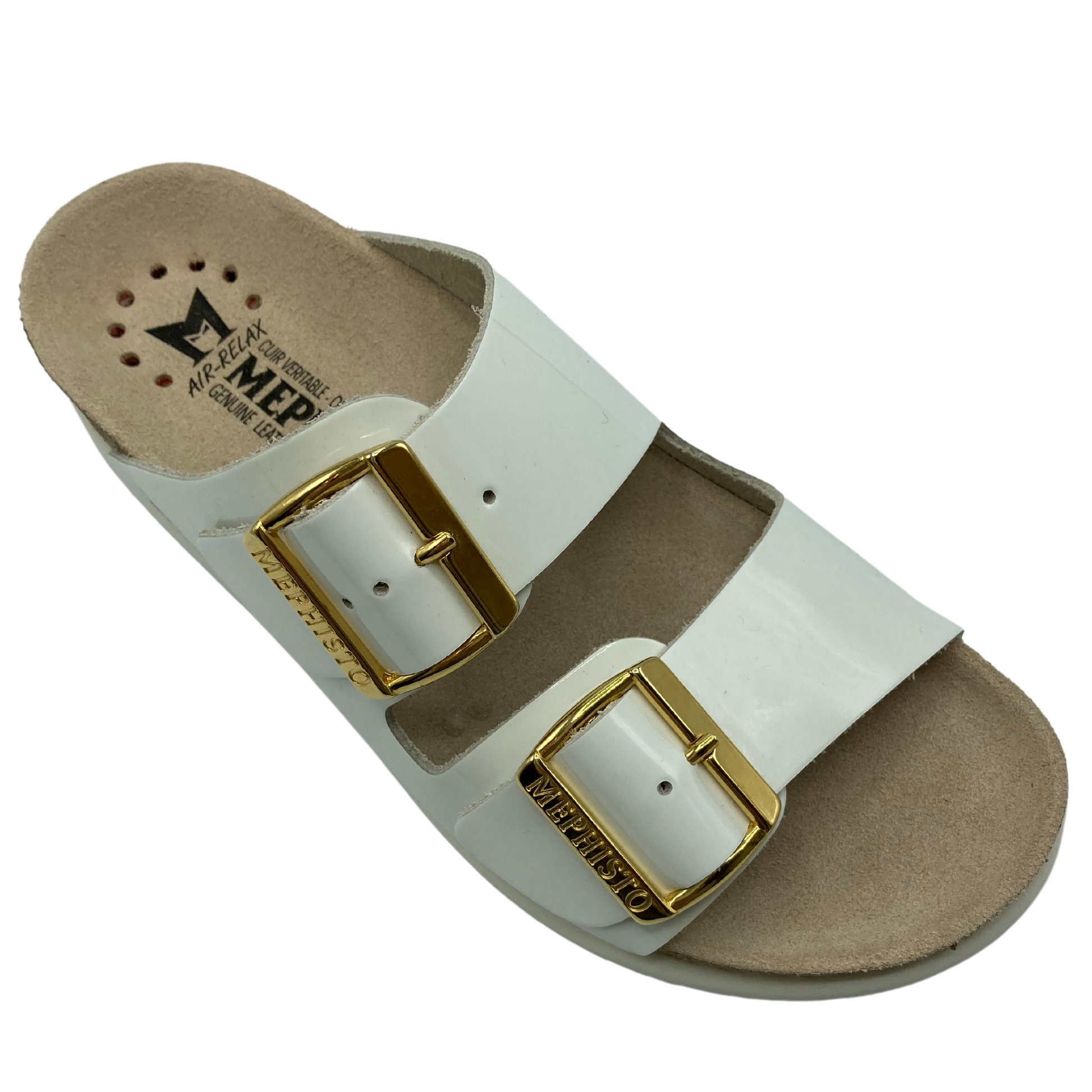 Top view of a patent white, leather, sandal. 