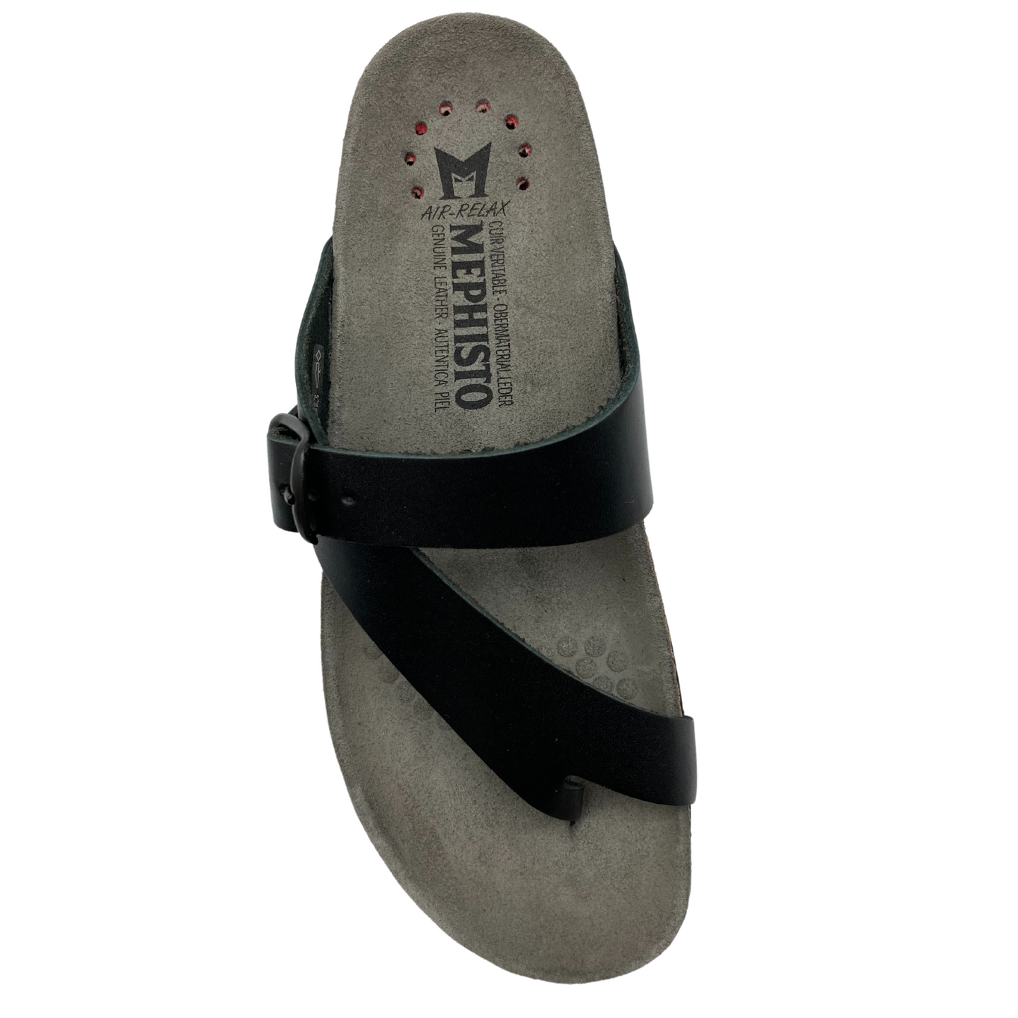 The top view of the right sandal. Black straps with grey suede covered footbed.