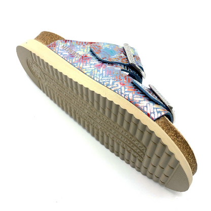 Underside view of the right, mulitcoloured, sandal. Writing on the beige bottom of the sole.
