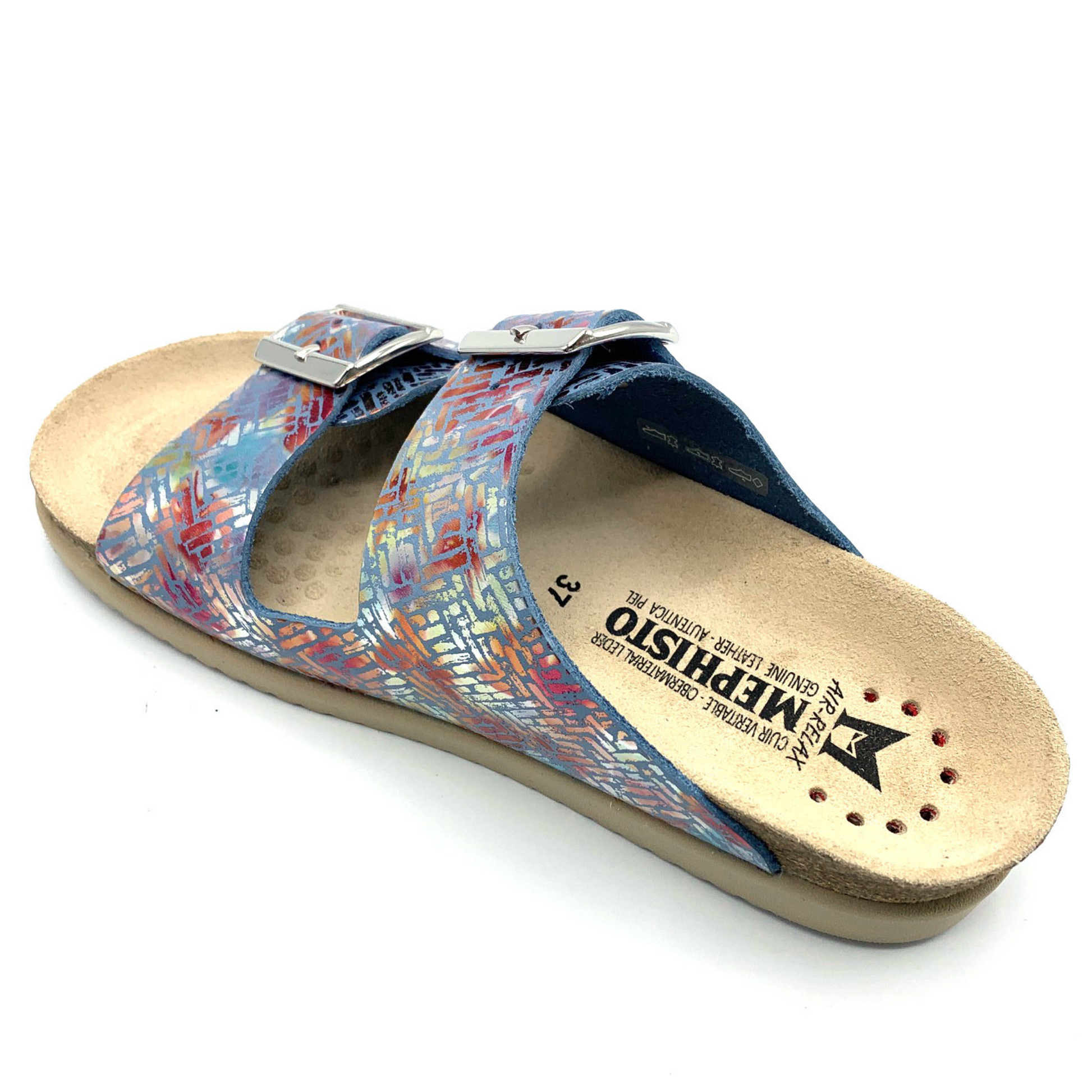 The hind, profile view of a multicoloured sandal with a beige footbed.