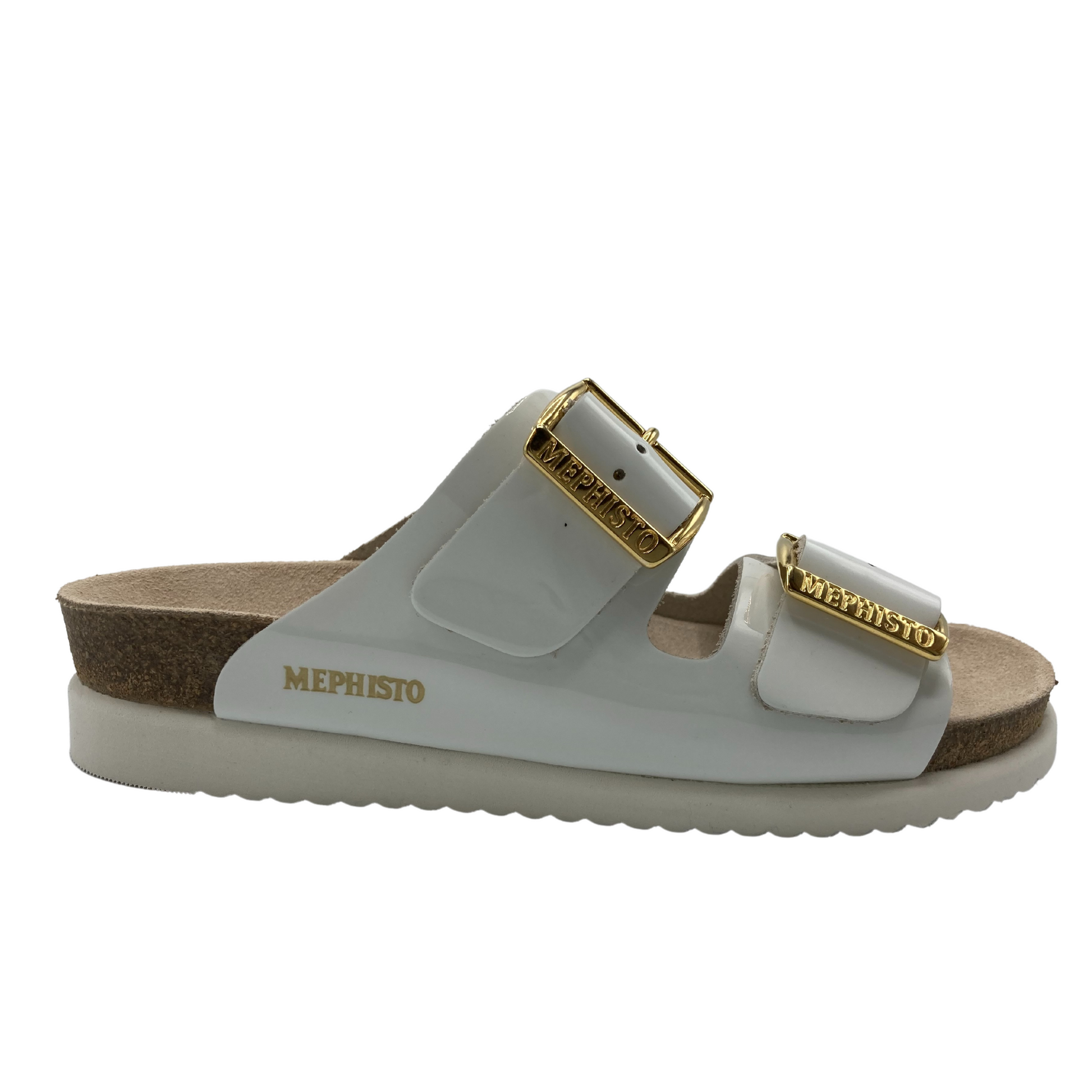 Side view of the right sandal. White patent leather with gold Mephisto written on the side. Embossed Mephisto on the gold buckles.