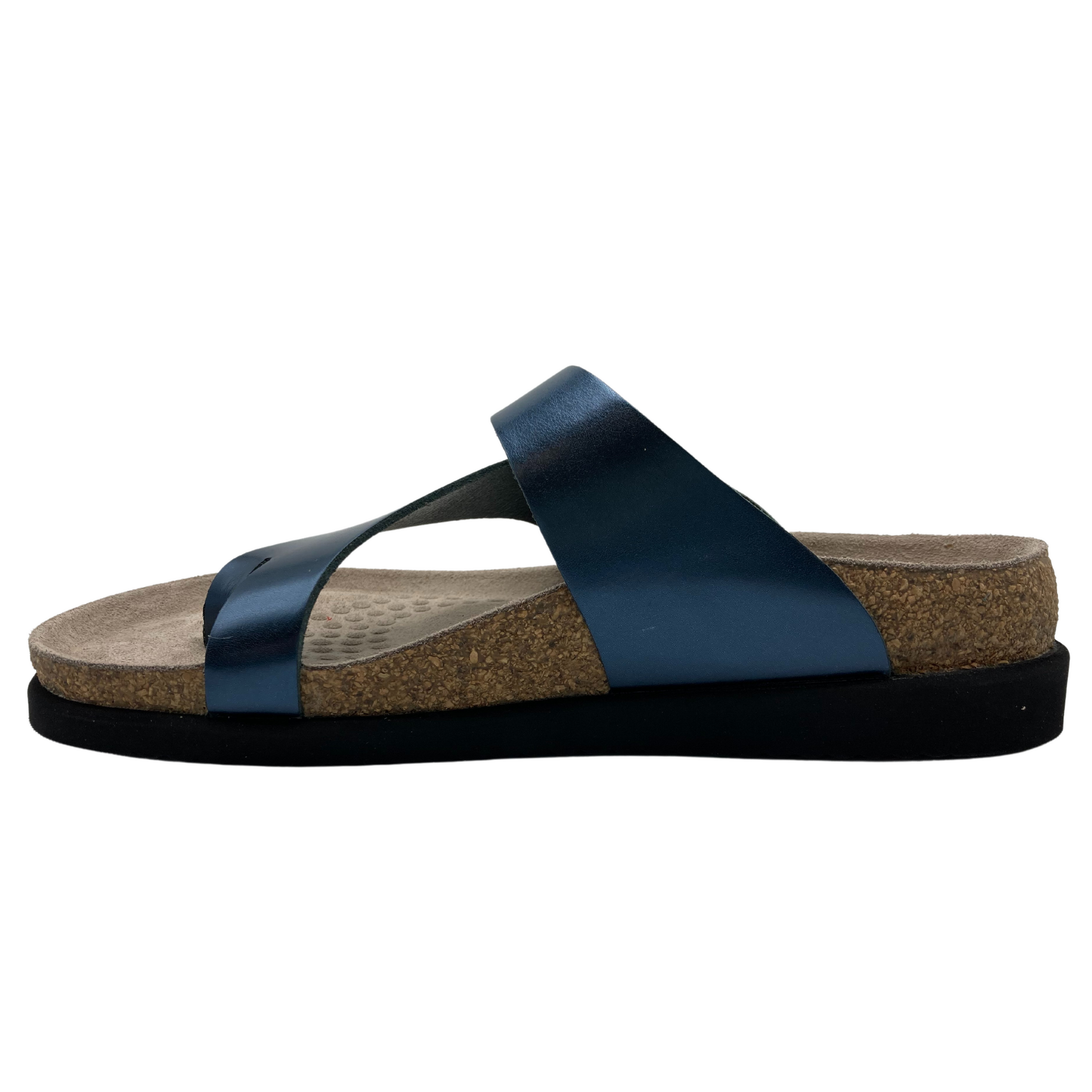 The inner profile view of the right sandal. Blue leather straps with a black sole and cork contoured footbed.