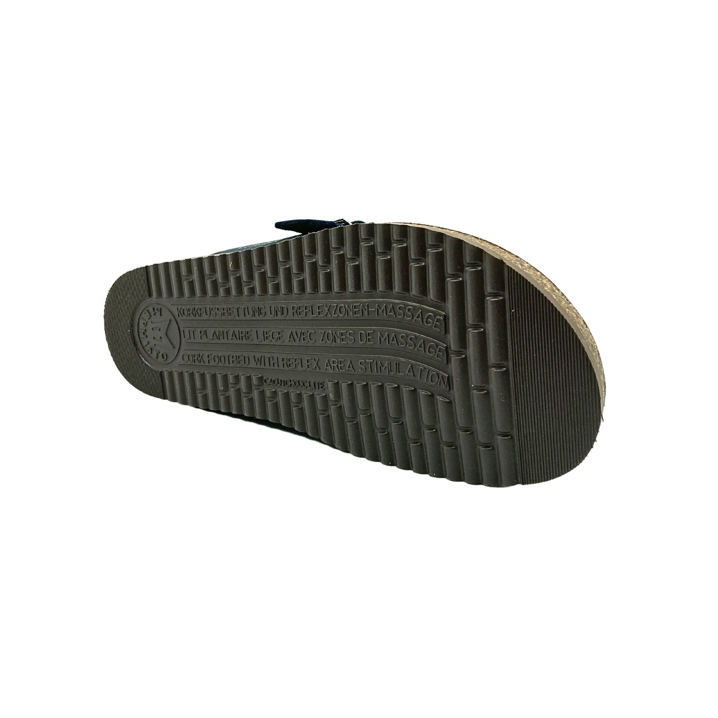 Sole of right shoe.  Stiff sole with a good grip so no matter what you step on you will not feel discomfort.