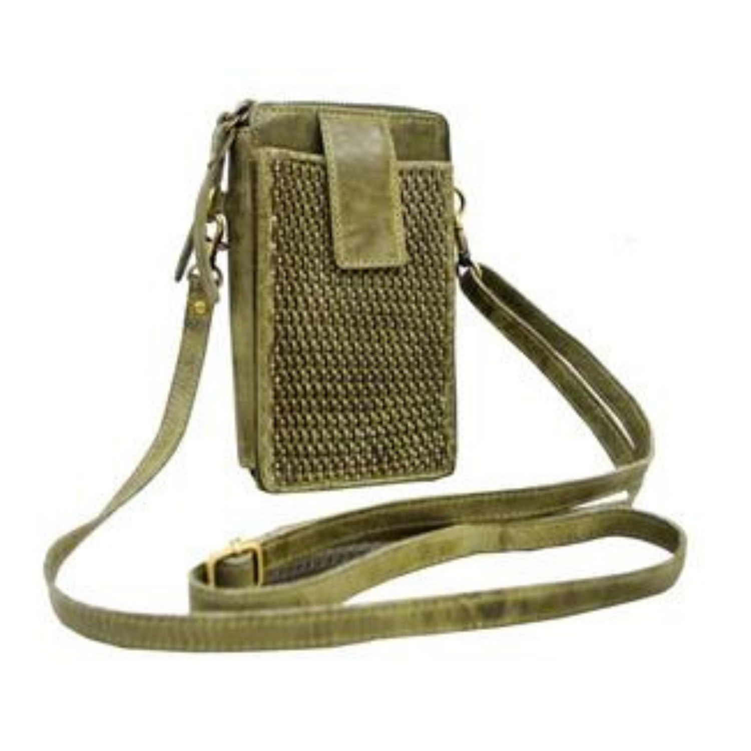 A photo of a leather crossbody wallet in the colour avocado. 