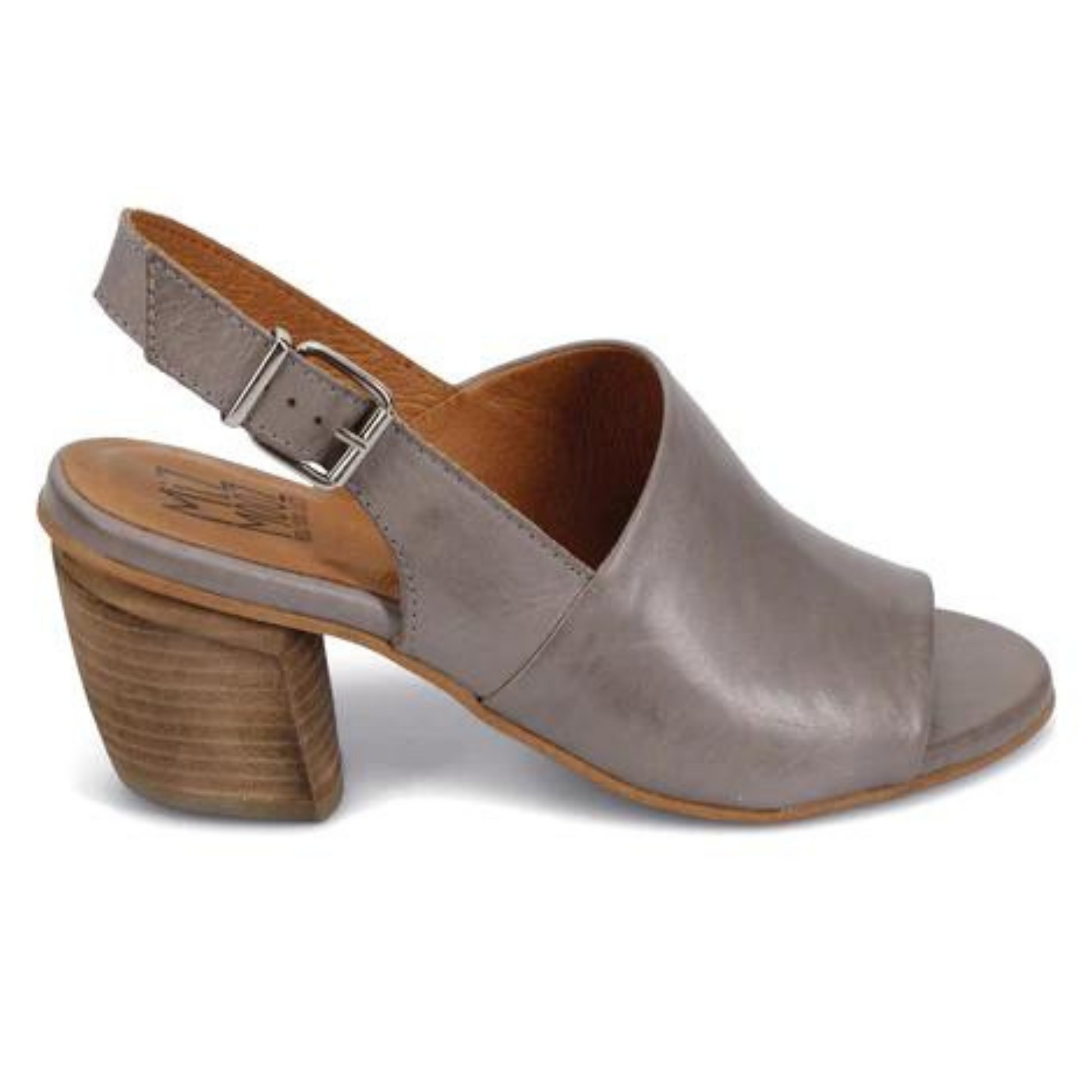 A side view of the heeled sandal in the colour grey. Ths photo shows the height of the heel and how the strap has an adustable buckle.
