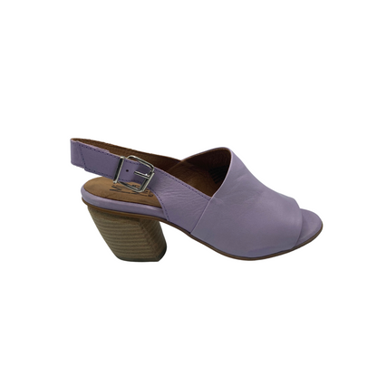 Outer view of the Miz Mooz Ace sandal in lavender.  Stacked wood heel is medium height.  Good coverage across teh foot.  Open toe